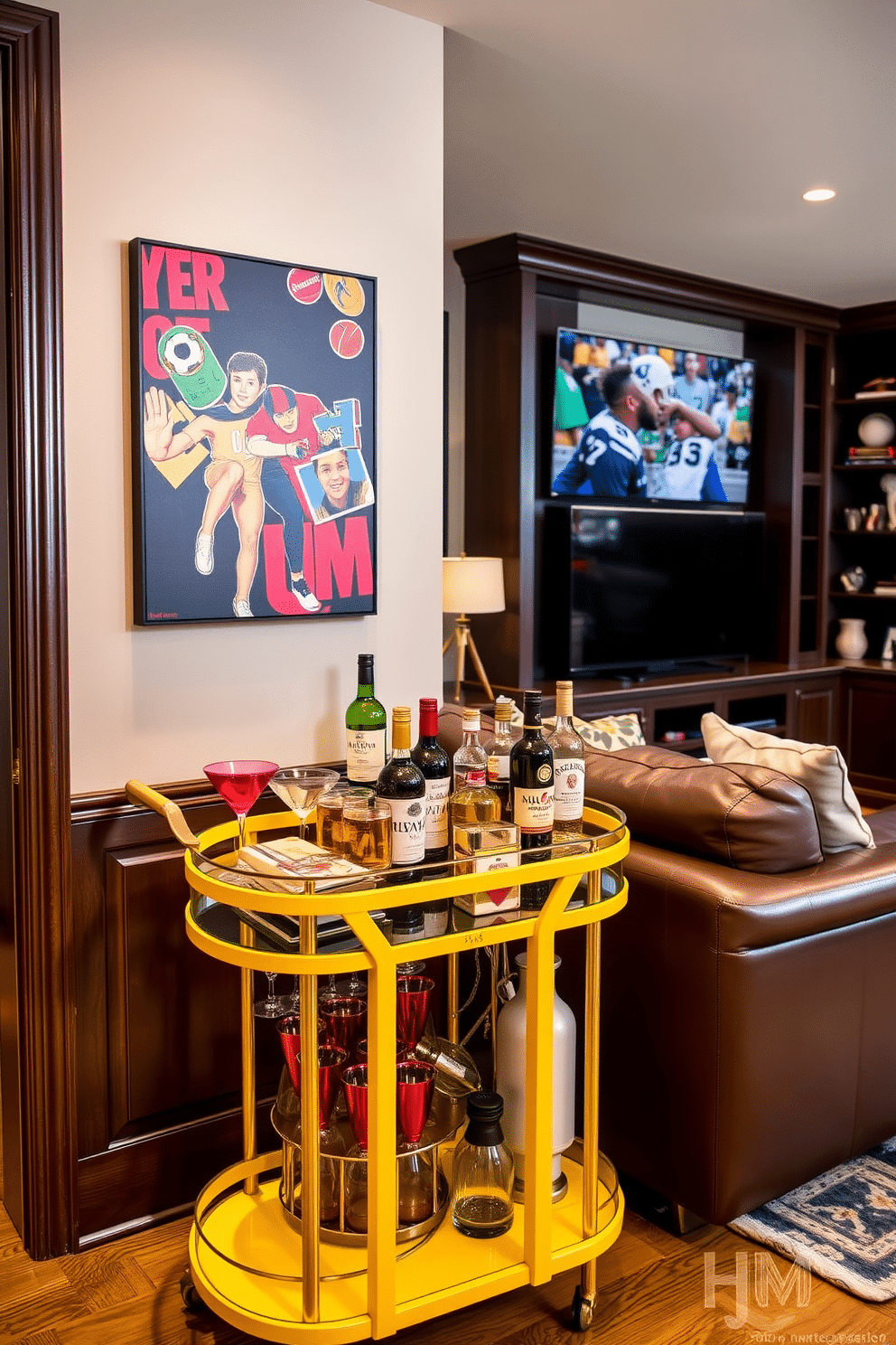 A yellow bar cart stands elegantly in the corner of a chic living space, adorned with an assortment of colorful glassware and a mix of premium spirits. The cart features sleek gold accents and is complemented by a backdrop of vibrant wall art, creating a lively atmosphere for entertaining guests. The man cave design exudes a cozy yet sophisticated vibe, with a plush leather sectional sofa and a custom-built entertainment center. Dark wood finishes and ambient lighting enhance the space, while personal touches like sports memorabilia and framed photographs add character and warmth.