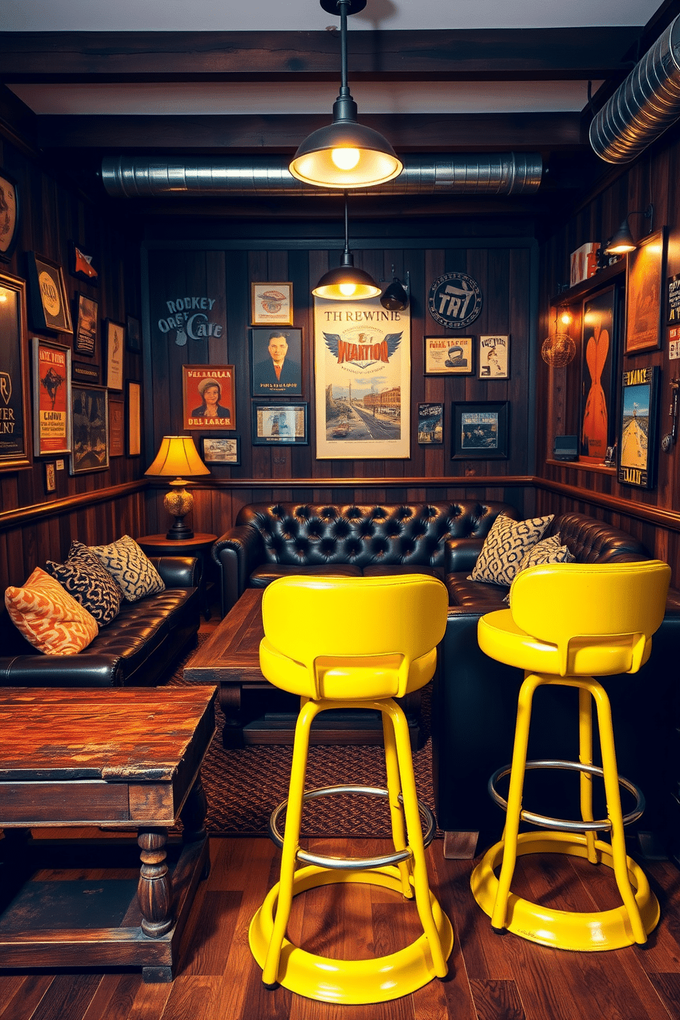 A cozy man cave featuring vintage yellow bar stools that add a playful retro touch. The space is adorned with dark wood paneling, a plush leather couch, and a rustic coffee table, creating a warm and inviting atmosphere. The walls are decorated with vintage posters and memorabilia, enhancing the nostalgic vibe. Soft lighting from industrial-style fixtures casts a warm glow, making it the perfect spot for relaxation and entertainment.