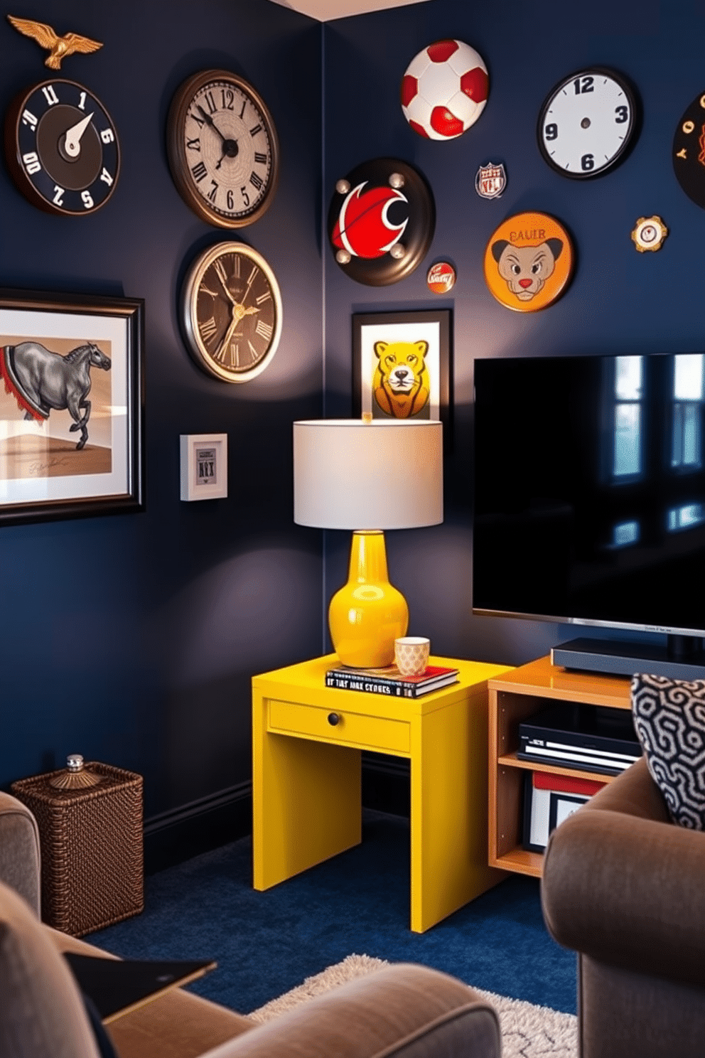 A vibrant yellow accent table stands out in the corner of a cozy man cave, surrounded by deep blue walls adorned with sports memorabilia. The table features sleek lines and a glossy finish, topped with a stylish lamp and a few well-placed books for added character. Incorporating a yellow accent table into a man cave design creates a focal point that draws the eye and enhances the overall aesthetic. This space includes plush seating, a large flat-screen TV, and ambient lighting, making it the perfect retreat for relaxation and entertainment.