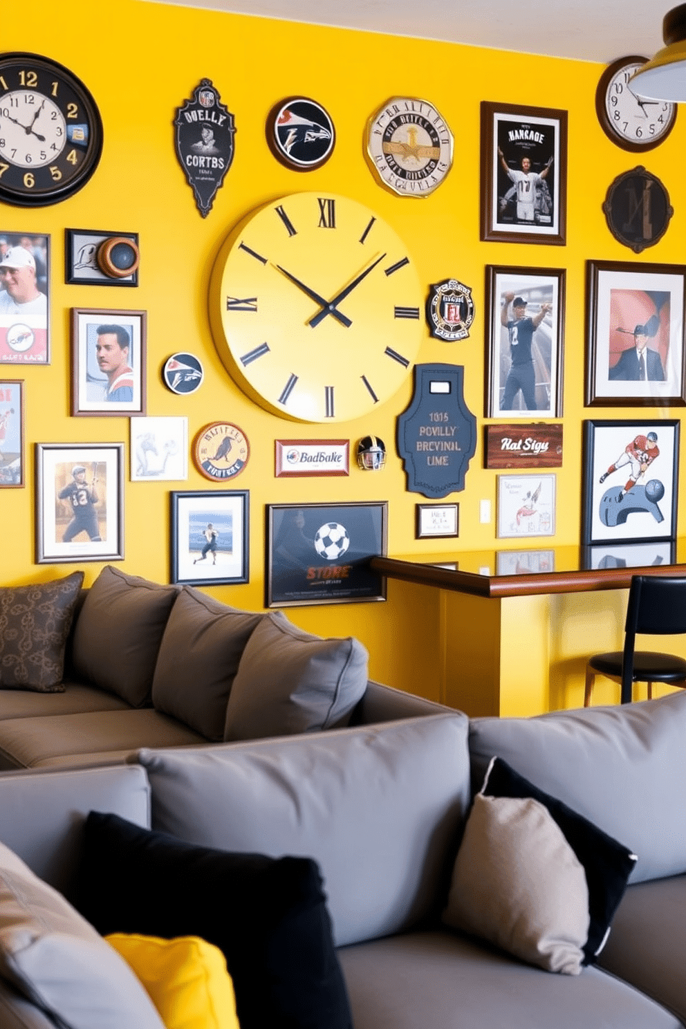 A vibrant yellow wall clock with sleek black hands and a minimalist design hangs prominently on the wall, adding a cheerful touch to the space while ensuring functionality. The clock's round shape contrasts beautifully with the surrounding decor, making it a focal point in the room. The man cave features a bold yellow accent wall adorned with vintage sports memorabilia and framed artwork, creating an inviting atmosphere for relaxation and entertainment. Plush seating in complementary shades of gray and black provides comfort, while a custom-built bar area enhances the space's functionality for gatherings.