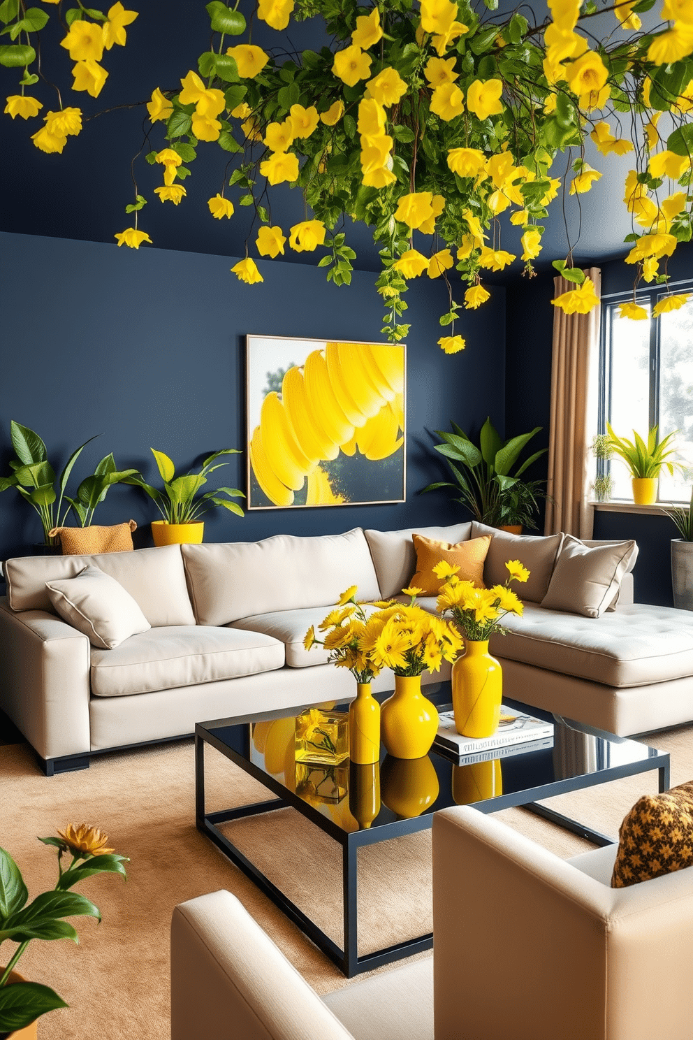 A vibrant man cave adorned with bright yellow plants and flowers brings a refreshing touch to the space. The walls are painted in a deep navy blue, contrasting beautifully with the lively greenery and floral accents. The room features a plush, oversized sectional sofa in a neutral tone, surrounded by sleek, modern furniture. A stylish coffee table sits at the center, decorated with yellow vases filled with fresh blooms, enhancing the inviting atmosphere.