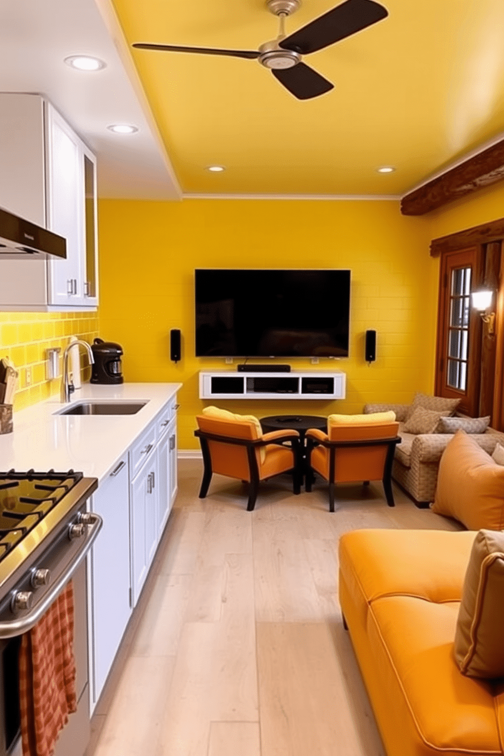 A vibrant kitchen area featuring a yellow tile backsplash that adds a pop of color to the space. The countertops are a sleek white quartz, and stainless steel appliances complement the cheerful tiles, creating a modern yet inviting atmosphere. A cozy man cave designed with a warm yellow color scheme that evokes comfort and relaxation. Plush seating options, a large flat-screen TV, and rustic wooden accents enhance the inviting ambiance, making it the perfect retreat for entertainment and leisure.