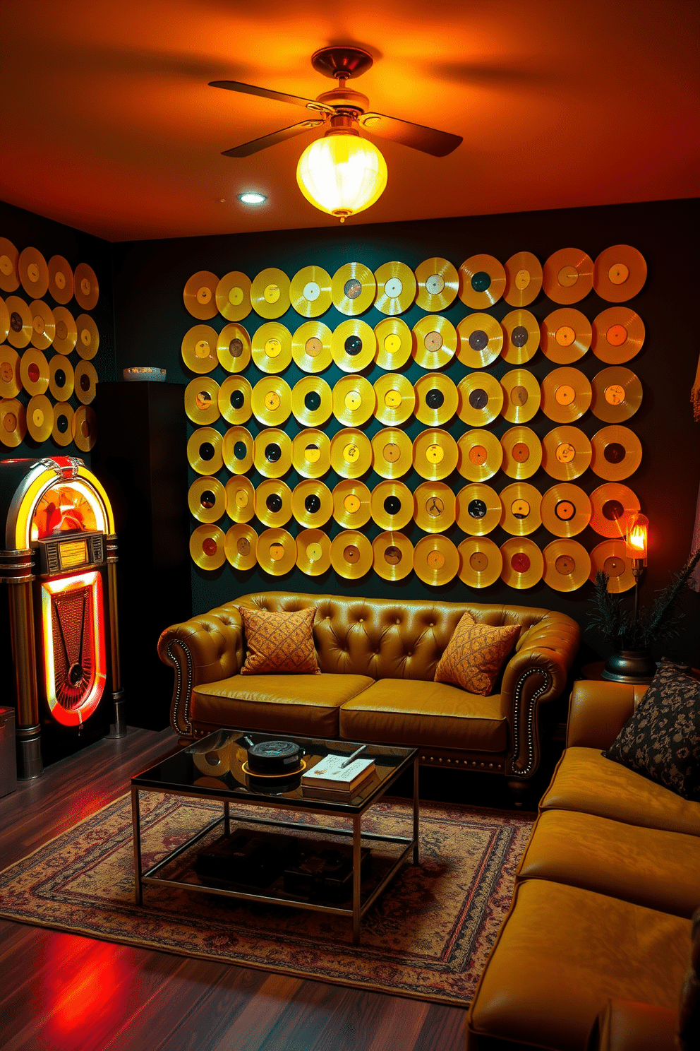 A cozy man cave designed with a retro vibe, featuring a wall adorned with vibrant yellow vinyl records. The space is complemented by a plush vintage sofa and a sleek coffee table, creating an inviting atmosphere for relaxation and entertainment. In one corner, a classic jukebox stands proudly, adding to the nostalgic charm of the room. The lighting is warm and dim, emphasizing the yellow accents throughout the space and enhancing the overall retro aesthetic.