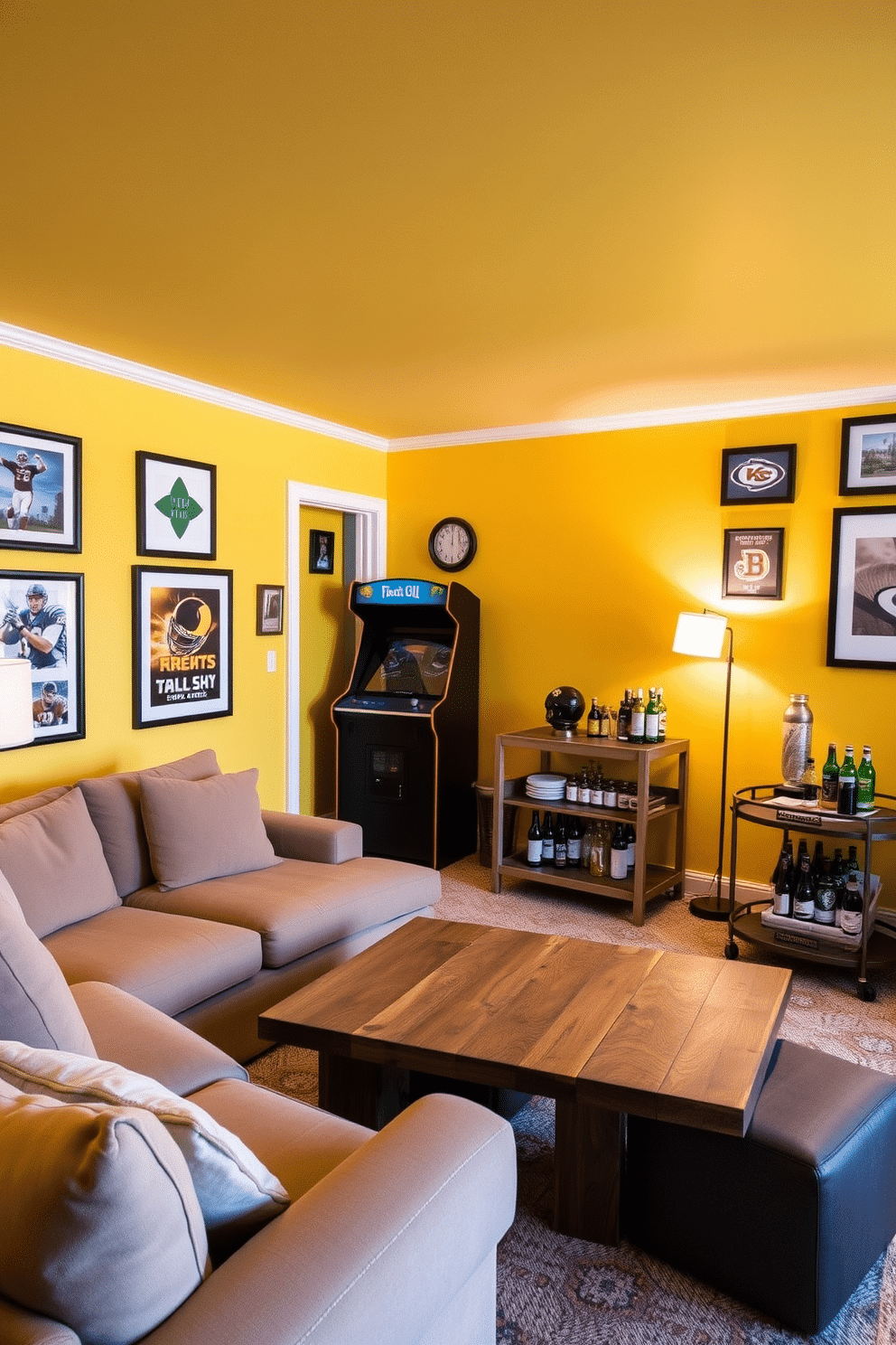 A cozy man cave featuring walls painted in sunflower yellow, creating a warm and inviting atmosphere. The space includes a plush sectional sofa in a neutral tone, complemented by a rustic coffee table made from reclaimed wood. In one corner, a vintage arcade game stands next to a sleek bar cart stocked with various beverages. The room is accented with framed sports memorabilia and soft lighting from stylish floor lamps, enhancing the relaxed vibe.