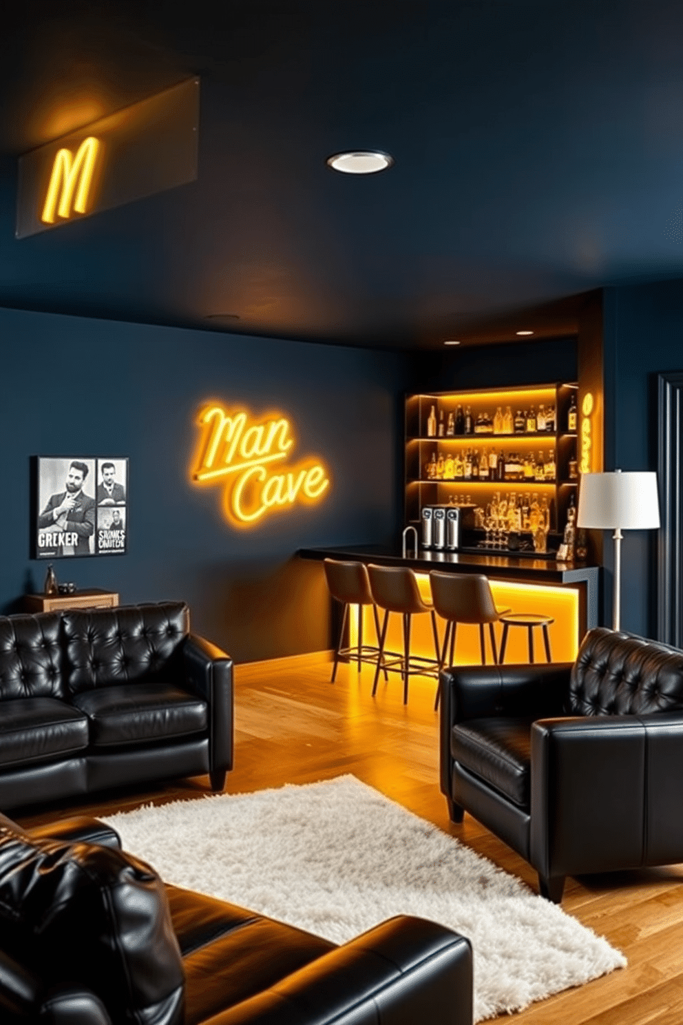 A stylish man cave featuring yellow neon signs that add a trendy touch to the space. The walls are painted in a deep navy blue, creating a cozy atmosphere, while plush leather seating invites relaxation and entertainment. Incorporate a sleek bar area with illuminated shelves showcasing an array of spirits and glassware. The floor is adorned with a soft area rug, and accent lighting highlights the vibrant yellow neon signs, making them a focal point in the room.