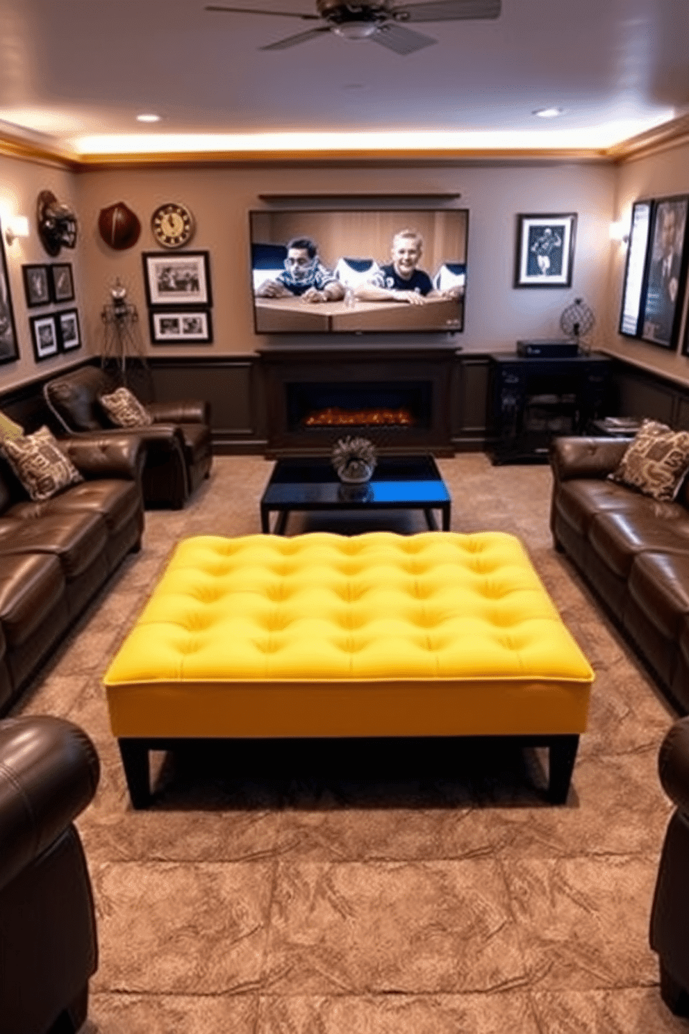 A vibrant yellow upholstered ottoman sits at the center of a stylish man cave, offering both comfort and versatility. Surrounding it are deep leather sofas and a sleek coffee table, creating an inviting space for relaxation and entertainment. The walls are adorned with sports memorabilia and framed artwork, while ambient lighting casts a warm glow throughout the room. A large flat-screen TV is mounted opposite the seating area, making it the perfect spot for movie nights or game days.