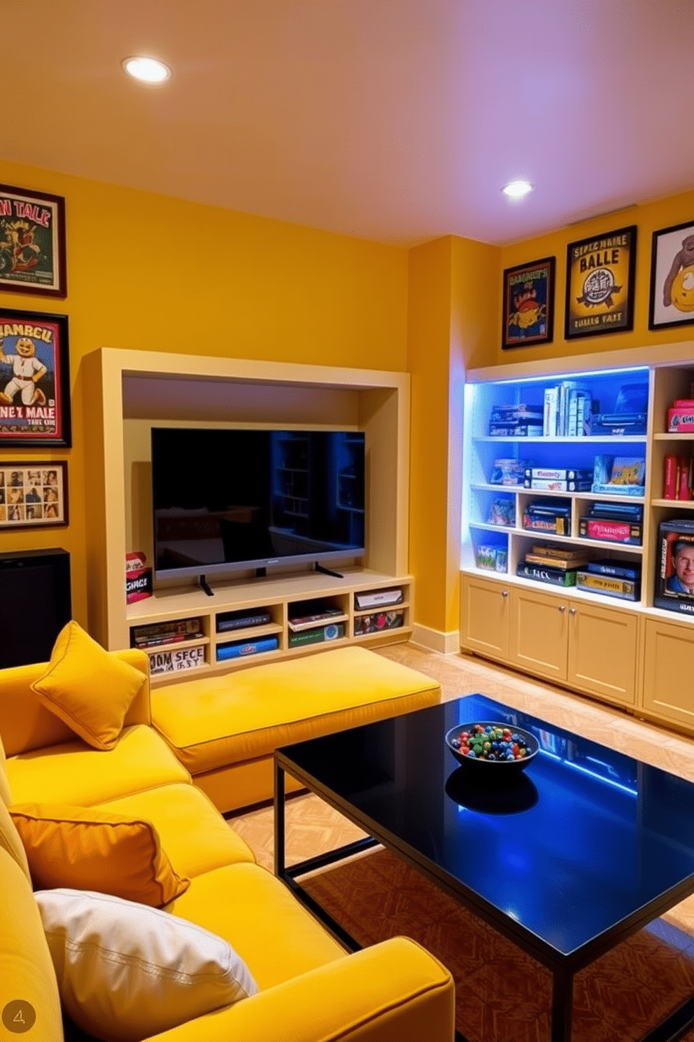 A cozy man cave designed in a vibrant yellow theme. The space features a plush yellow sectional sofa paired with a sleek black coffee table, perfect for game nights. The walls are adorned with framed vintage board game posters, adding a playful touch. A custom-built entertainment unit showcases a large screen and shelves filled with board games, inviting hours of fun.