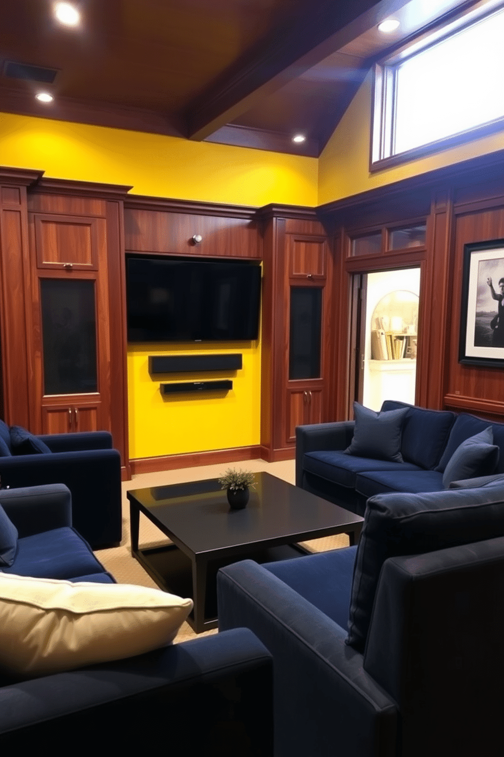 A vibrant yellow accent wall is complemented by rich wood paneling, creating a warm and inviting atmosphere. Plush seating options in deep blue and gray are arranged around a sleek coffee table, perfect for relaxation and entertainment. The room features a state-of-the-art entertainment system, seamlessly integrated into the wooden cabinetry. Soft ambient lighting enhances the cozy vibe, while framed artwork adds a personal touch to the man cave design.