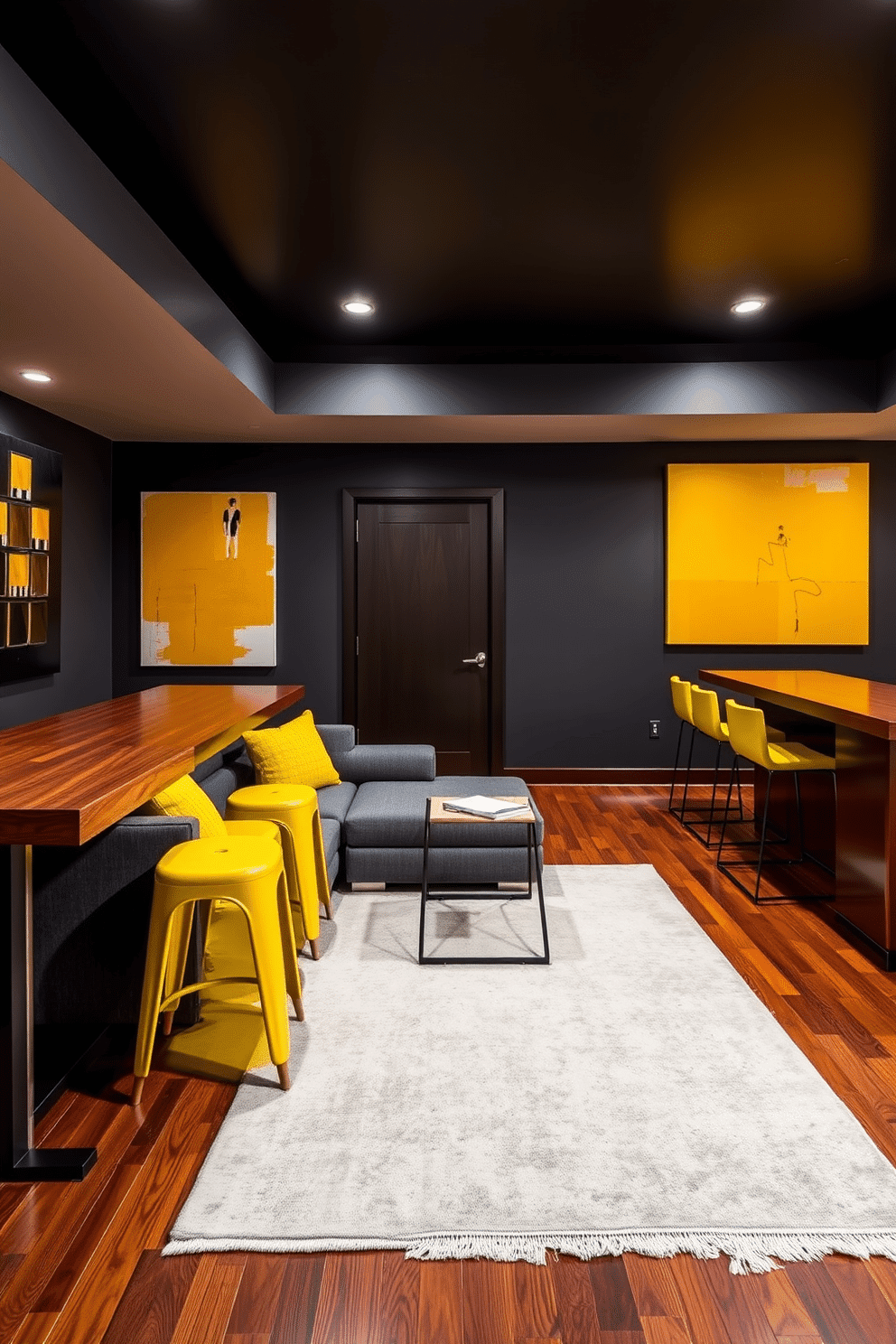 A vibrant man cave featuring bright yellow artwork as focal points. The walls are adorned with large, abstract pieces that bring energy to the space, complemented by a plush sectional sofa in deep gray. Incorporate a sleek bar area with yellow accent stools and a polished wooden countertop. The flooring is a rich hardwood, providing warmth to the contemporary design while a soft area rug adds comfort underfoot.