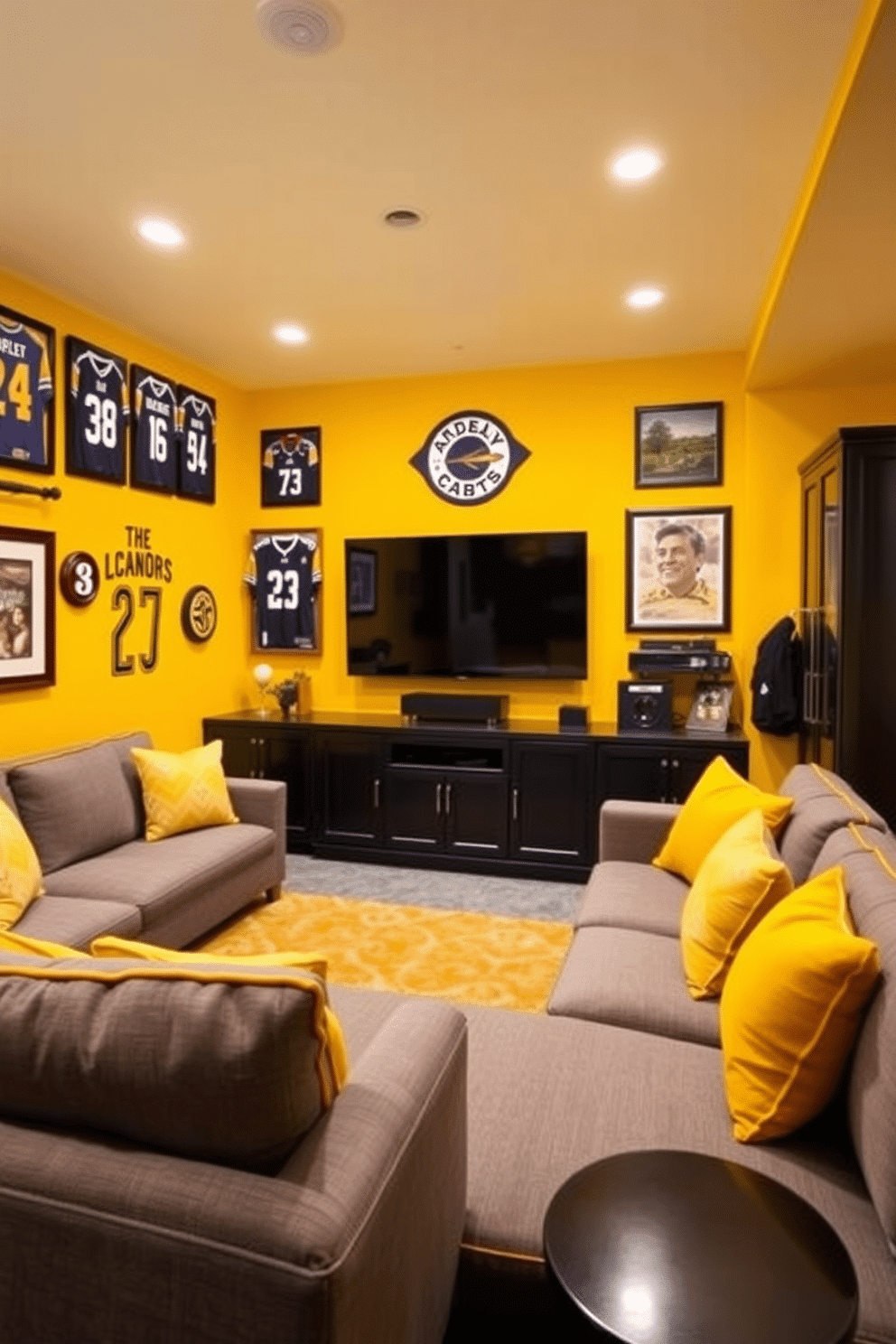 A vibrant man cave designed around bright yellow sports team colors. The walls are painted in a bold yellow hue, adorned with framed jerseys and memorabilia that celebrate team pride. The seating area features a plush sectional sofa in a complementary gray fabric, accented with yellow throw pillows. A large flat-screen TV is mounted on the wall, surrounded by custom cabinetry in a sleek black finish, creating an inviting space for game day gatherings.