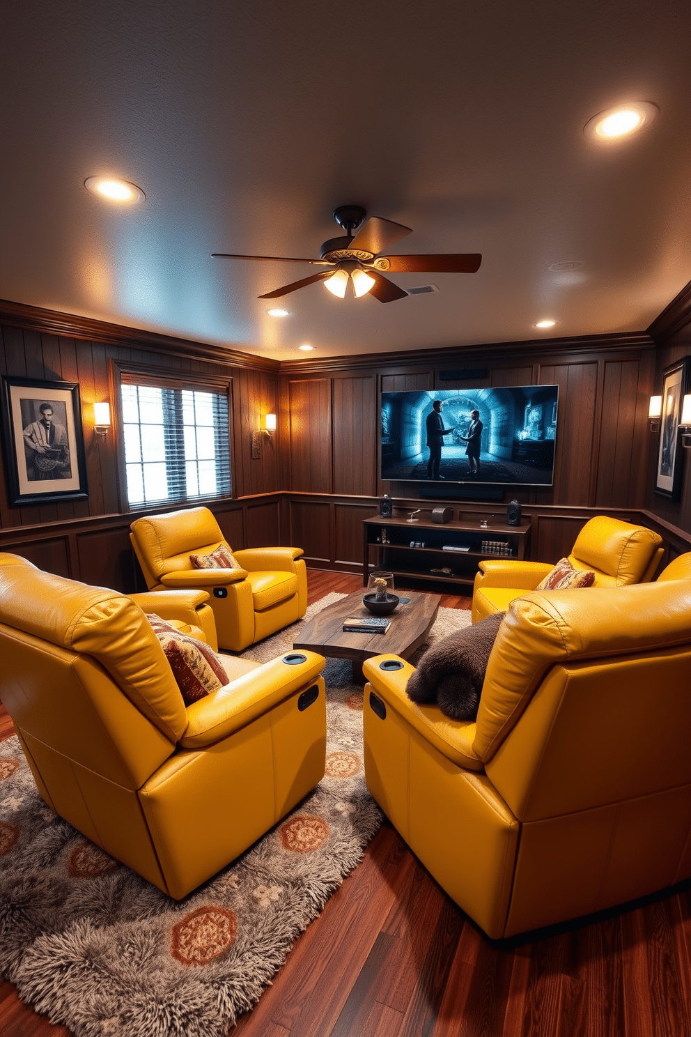 A cozy man cave featuring yellow leather recliners that exude both comfort and style. The space is accented with dark wood paneling and ambient lighting to create a relaxed atmosphere. Incorporate a large flat-screen TV mounted on the wall opposite the recliners, perfect for movie nights or gaming sessions. Add a rustic coffee table in the center, surrounded by plush rugs that enhance the inviting vibe of the room.