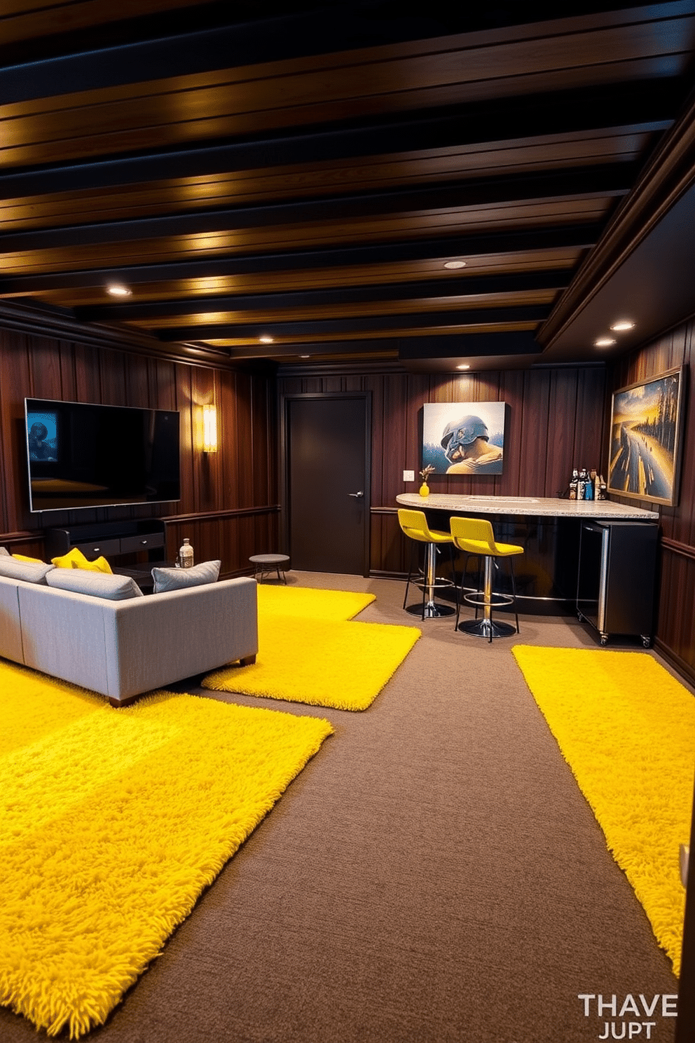 A vibrant man cave featuring sunshine yellow rugs that add a cheerful touch to the space. The walls are adorned with dark wood paneling, creating a cozy atmosphere complemented by plush seating and a large flat-screen TV. In one corner, a stylish bar area is set up with sleek stools and a mini fridge, perfect for entertaining guests. Accent lighting highlights the yellow rugs while creating an inviting ambiance for relaxation and fun.