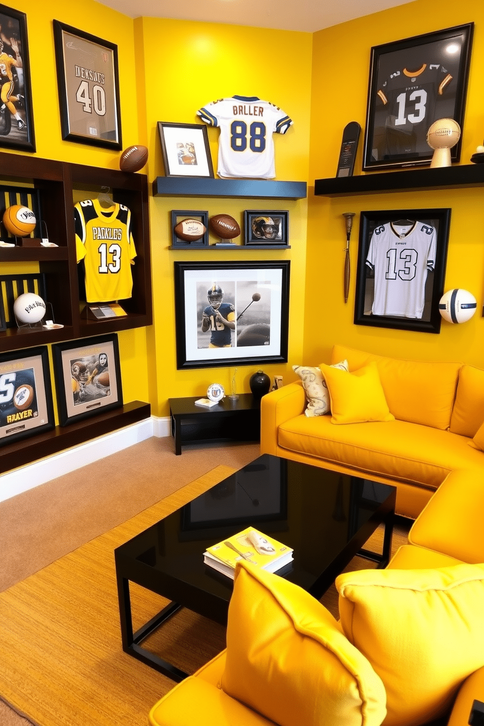 A vibrant yellow-themed sports memorabilia display showcases an array of framed jerseys, autographed balls, and vintage equipment. The walls are painted a cheerful yellow, complemented by dark wood shelving that elegantly highlights the collection. For the yellow man cave design, envision a cozy space featuring a plush yellow sectional sofa paired with a sleek black coffee table. Accents like yellow throw pillows and sports-themed artwork add personality, while adjustable lighting creates a warm, inviting atmosphere.