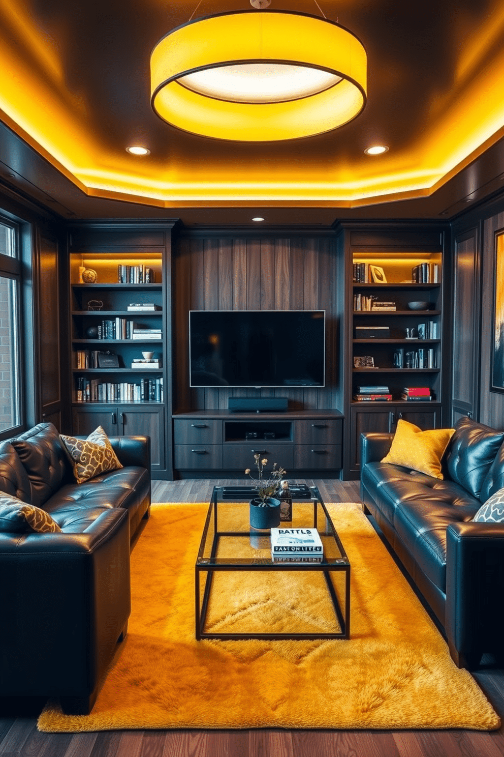 A stylish man cave featuring bold yellow lighting fixtures that create a warm and inviting ambiance. The walls are adorned with dark wood paneling, and plush leather seating is arranged around a sleek coffee table. Incorporate a large flat-screen TV mounted on the wall, flanked by custom-built shelves filled with books and collectibles. A vibrant yellow area rug anchors the space, adding a pop of color to the rich, earthy tones of the room.