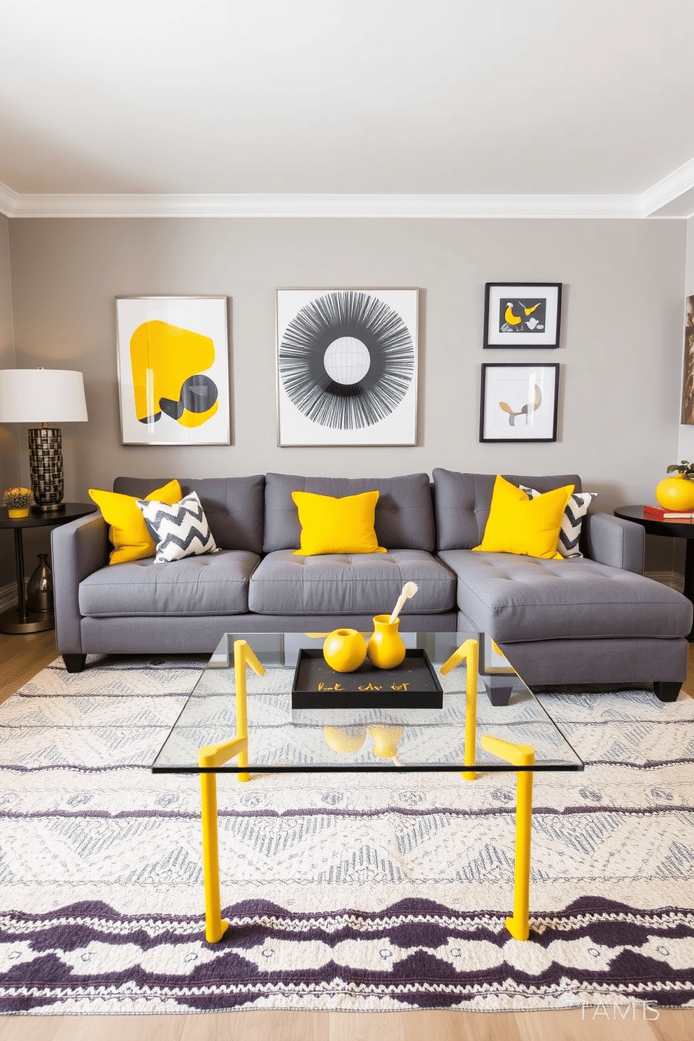 A stylish man cave featuring a yellow and gray color scheme that exudes modern flair. The walls are painted in a soft gray, while bold yellow accents are incorporated through furniture and decor, creating a vibrant yet sophisticated atmosphere. A plush gray sectional sofa is the centerpiece, complemented by yellow throw pillows for a pop of color. A sleek coffee table with a glass top and yellow legs sits in front, surrounded by contemporary art pieces that enhance the room's modern aesthetic.