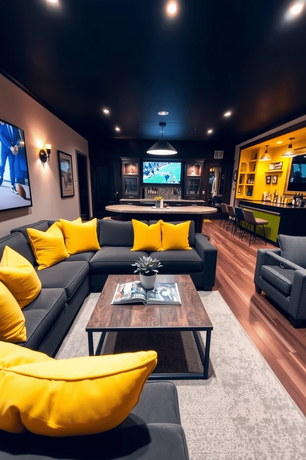 A cozy seating area featuring plush yellow throw pillows arranged on a deep gray sectional sofa. The room is illuminated by soft ambient lighting, with a stylish coffee table at the center adorned with magazines and a decorative plant. A vibrant man cave designed with bold yellow accents, including a custom-built bar and comfortable lounge seating. The walls are adorned with sports memorabilia, and the space is equipped with a large screen for watching games, creating a perfect retreat for relaxation and entertainment.