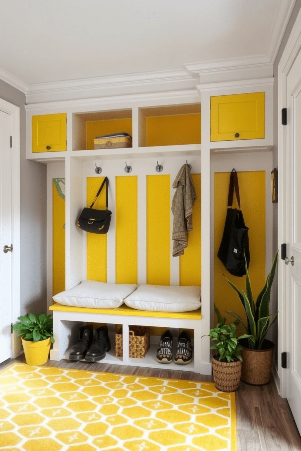 Bright yellow cubbies with white trim create a cheerful and welcoming atmosphere in the mudroom. The space features a built-in bench with plush cushions, perfect for putting on shoes, and hooks above for hanging coats and bags. The walls are painted in a soft gray to complement the vibrant yellow, enhancing the overall brightness of the room. A patterned rug in shades of yellow and gray adds warmth and texture, while potted plants bring a touch of nature indoors.