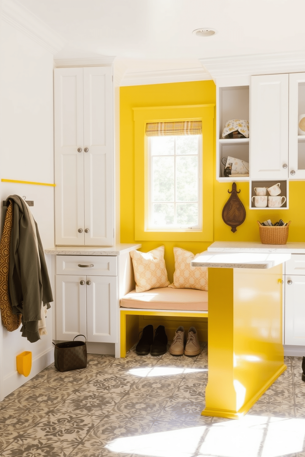 A bright yellow mudroom island features a built-in seating area with plush cushions, perfect for putting on or taking off shoes. The island is surrounded by white cabinetry that provides ample storage for outdoor gear and accessories. Natural light floods the space through a large window, highlighting the cheerful yellow tones and creating an inviting atmosphere. The floor is adorned with durable, patterned tiles that complement the vibrant color scheme while ensuring easy maintenance.