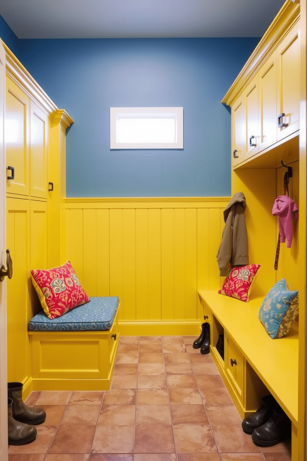 A cheerful mudroom featuring cabinetry painted in sunshine yellow, creating a bright and inviting atmosphere. The space includes built-in benches with colorful cushions and hooks for hanging coats, all complemented by a durable tile floor that withstands muddy shoes.