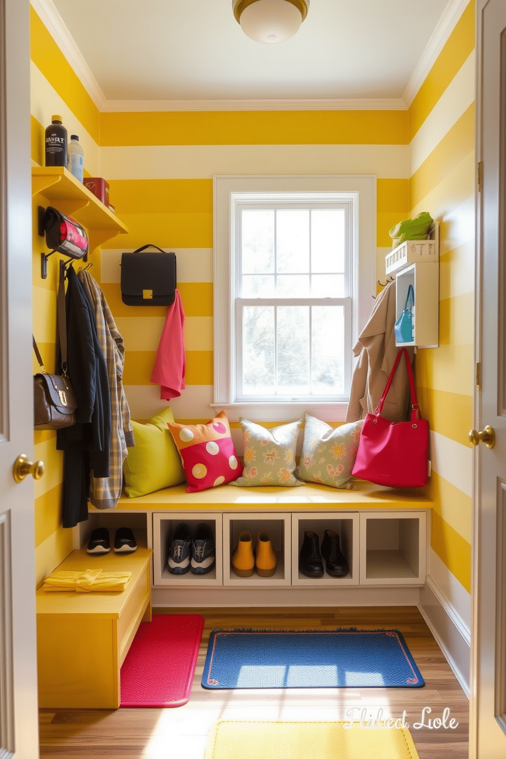 A cheerful mudroom with playful yellow stripes adorning the walls, creating a vibrant and welcoming atmosphere. The space features a built-in bench with colorful cushions, hooks for hanging coats, and a stylish storage solution for shoes and bags. Brightly colored rubber mats are placed on the floor, adding a fun touch while providing practicality. Natural light floods in through a large window, enhancing the lively ambiance and making the mudroom a delightful entry point to the home.