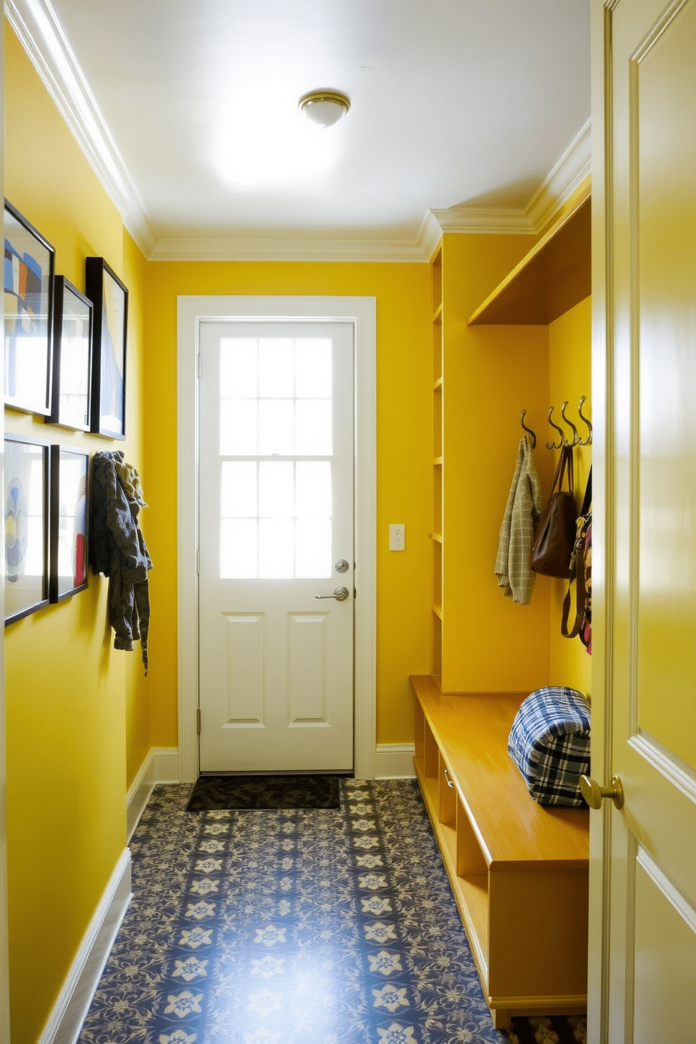 A bright yellow accent wall serves as a vibrant backdrop for a curated display of modern artwork, featuring abstract pieces in complementary colors. The room is filled with natural light, enhancing the cheerful atmosphere and drawing attention to the unique art pieces. The mudroom is designed with functional elegance, showcasing built-in storage benches and hooks for coats and bags. A patterned tile floor adds a touch of style, while a cheerful yellow accent wall ties the space together, creating a welcoming entrance.