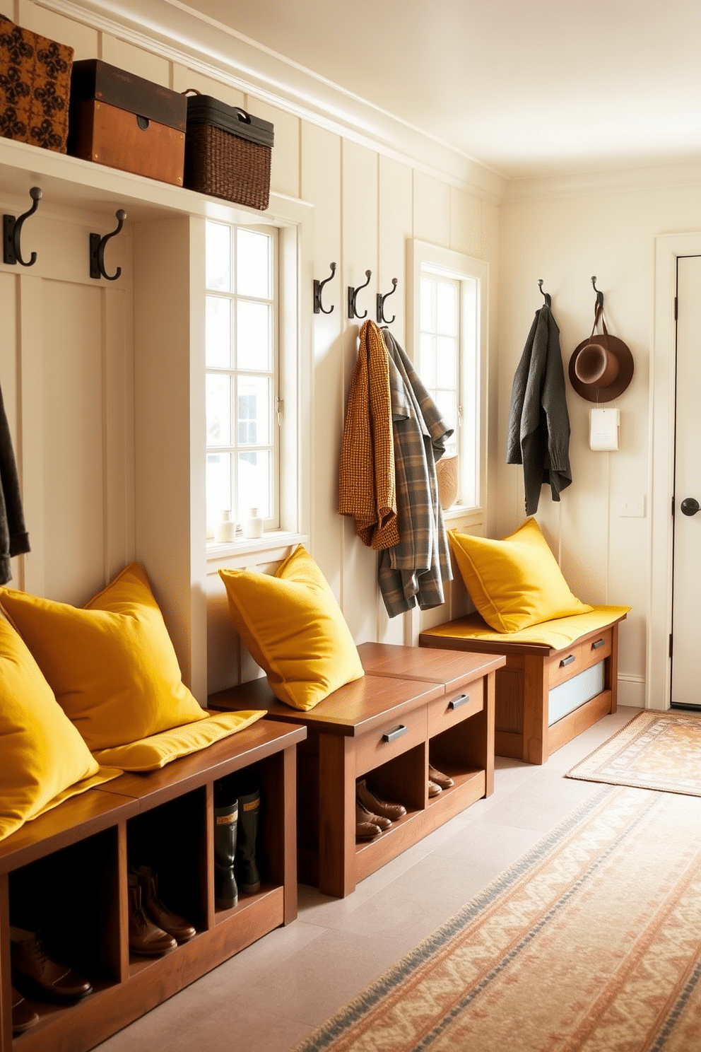 Cozy yellow cushions are arranged on wooden benches, inviting warmth and comfort to the space. The mudroom features a bright, cheerful atmosphere with soft lighting and ample storage for shoes and outdoor gear. The walls are painted in a light, neutral tone, enhancing the vibrant yellow of the cushions. Decorative hooks are mounted for hanging coats, while a patterned rug adds texture and charm to the floor.