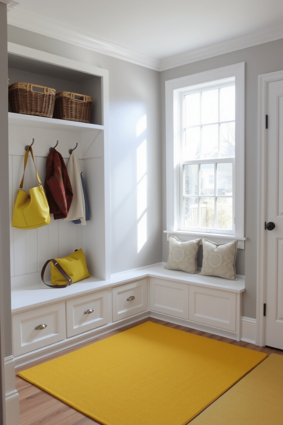 A bright yellow rug adds a cheerful touch to the mudroom, creating a warm and inviting atmosphere. The space features built-in storage benches with hooks above for coats and bags, complemented by natural light streaming in through a large window. The walls are painted in a soft gray, providing a neutral backdrop that enhances the vibrant rug. Decorative baskets are neatly arranged on the shelves, adding both functionality and style to this practical entryway space.