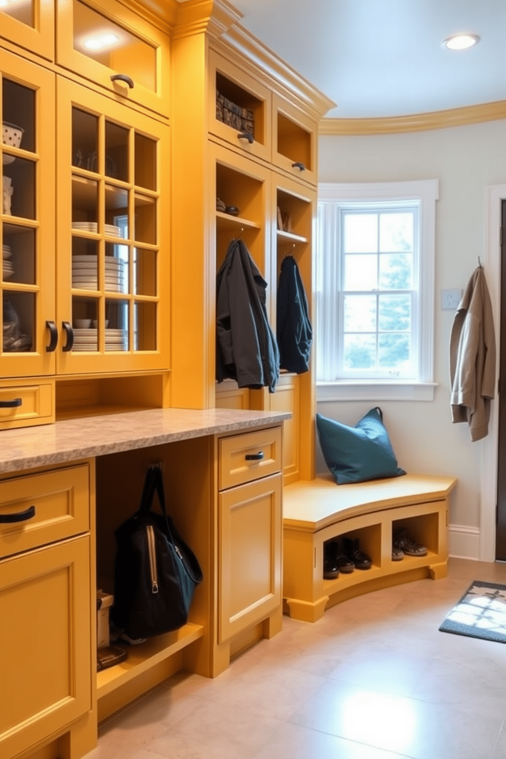 A functional yellow cabinetry design features glass doors that showcase neatly organized storage, complemented by a stylish countertop that enhances the overall aesthetic. The space is bright and inviting, with ample natural light streaming through a nearby window, creating a cheerful atmosphere perfect for a mudroom. Incorporating a mudroom design, the area includes practical hooks for coats and bags, along with a bench for easy shoe removal. The flooring is durable and easy to clean, ensuring the space remains functional and stylish even with heavy use.