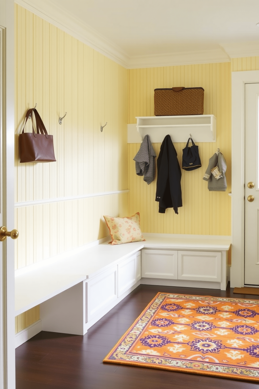 A bright and cheerful mudroom features yellow beadboard wainscoting that adds a touch of texture and warmth to the space. The room is equipped with built-in storage benches, hooks for coats, and a vibrant rug that complements the yellow tones, creating an inviting entryway.