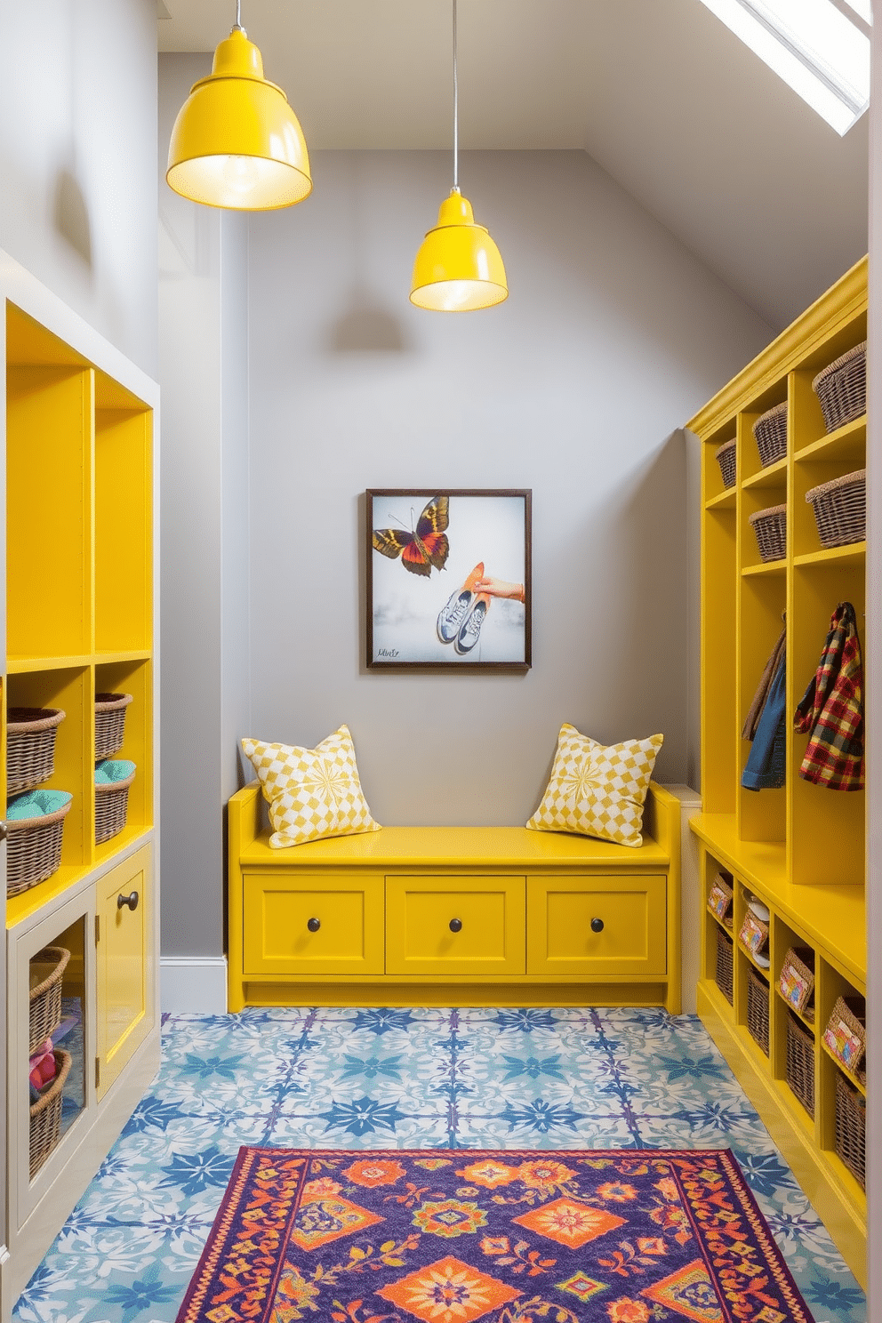 A whimsical mudroom design featuring cheerful yellow light fixtures overhead that cast a warm glow throughout the space. The walls are painted in a soft gray, while a built-in bench with colorful cushions invites guests to sit and remove their shoes. The floor is adorned with patterned tiles in shades of blue and white, creating a playful contrast with the yellow accents. Storage cubbies line one side, filled with baskets for organization, and a vibrant rug adds a cozy touch underfoot.