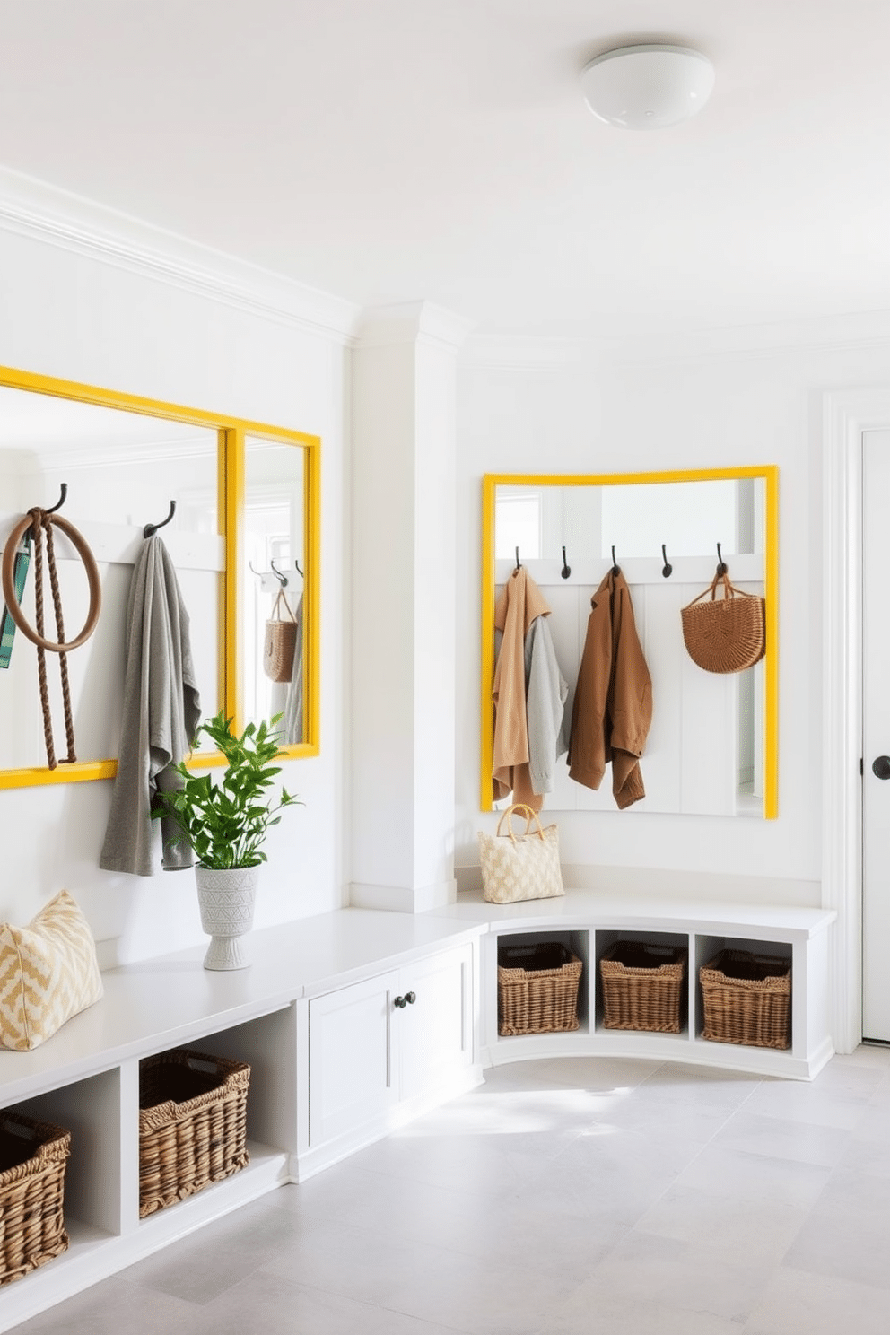 A bright and airy mudroom featuring yellow-framed mirrors that enhance the spacious feel of the room. The walls are painted a soft white, and the floor is adorned with light gray tiles, creating a fresh and welcoming atmosphere. Functional storage solutions include built-in benches with ample hooks above for coats and bags. Accents of greenery and decorative baskets add warmth and organization to the space.