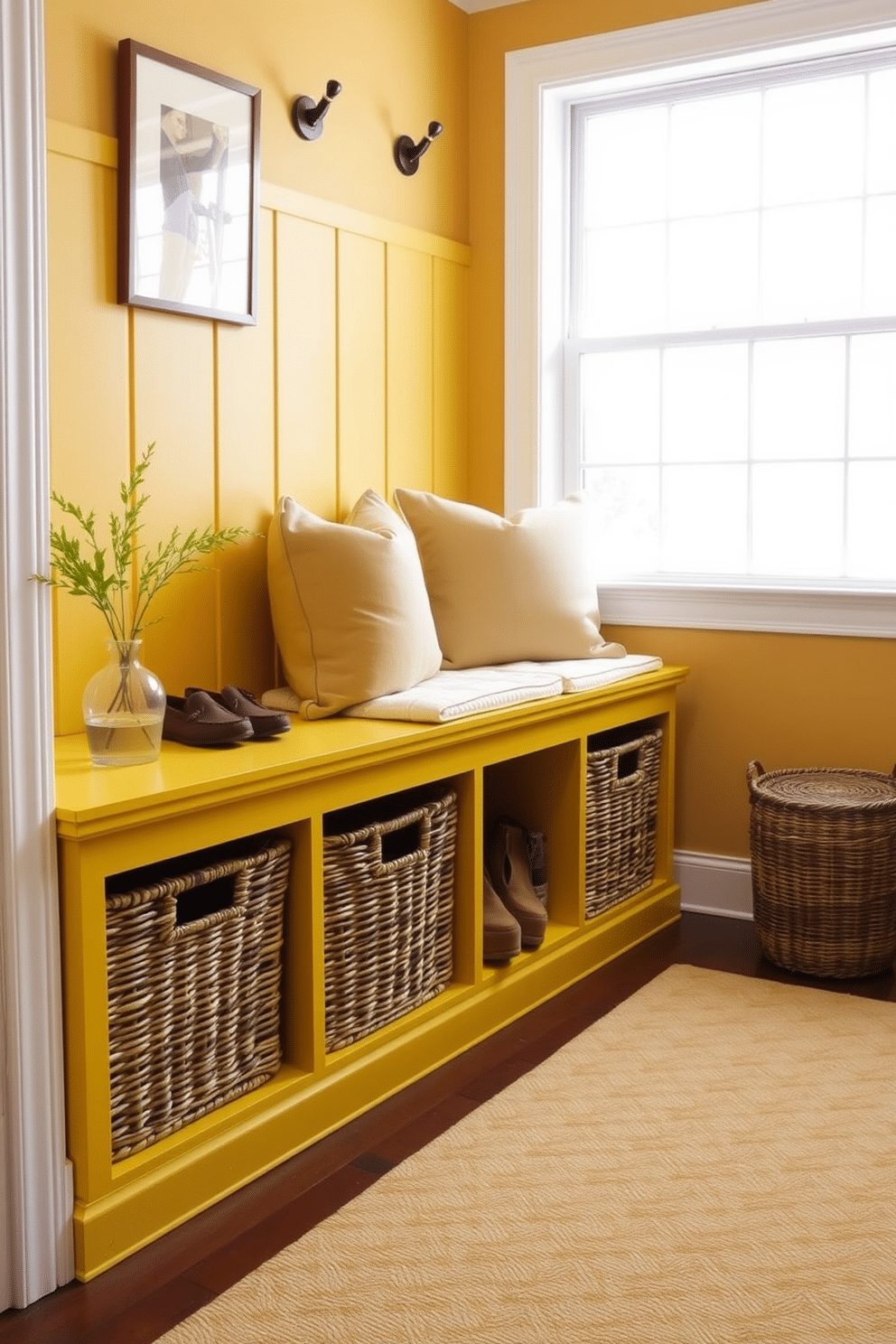 A charming yellow bench is positioned against the wall, adorned with soft cushions for added comfort. Below the bench, woven baskets provide stylish storage for shoes and outdoor gear, enhancing the mudroom's functionality. The walls are painted a warm, inviting hue, while natural light floods the space through a large window. A patterned rug adds a touch of texture, creating a cozy atmosphere perfect for welcoming guests.