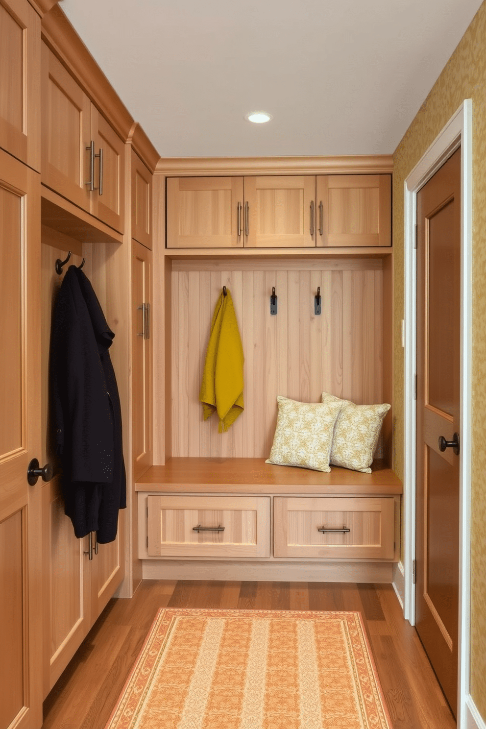 A welcoming mudroom featuring natural wood cabinetry with muted yellow accents. The space includes a built-in bench with soft cushions and hooks for coats, creating an inviting atmosphere. The walls are adorned with a subtle yellow wallpaper that complements the wood tones. A patterned rug in warm hues adds texture and warmth to the floor, enhancing the cozy feel of the room.