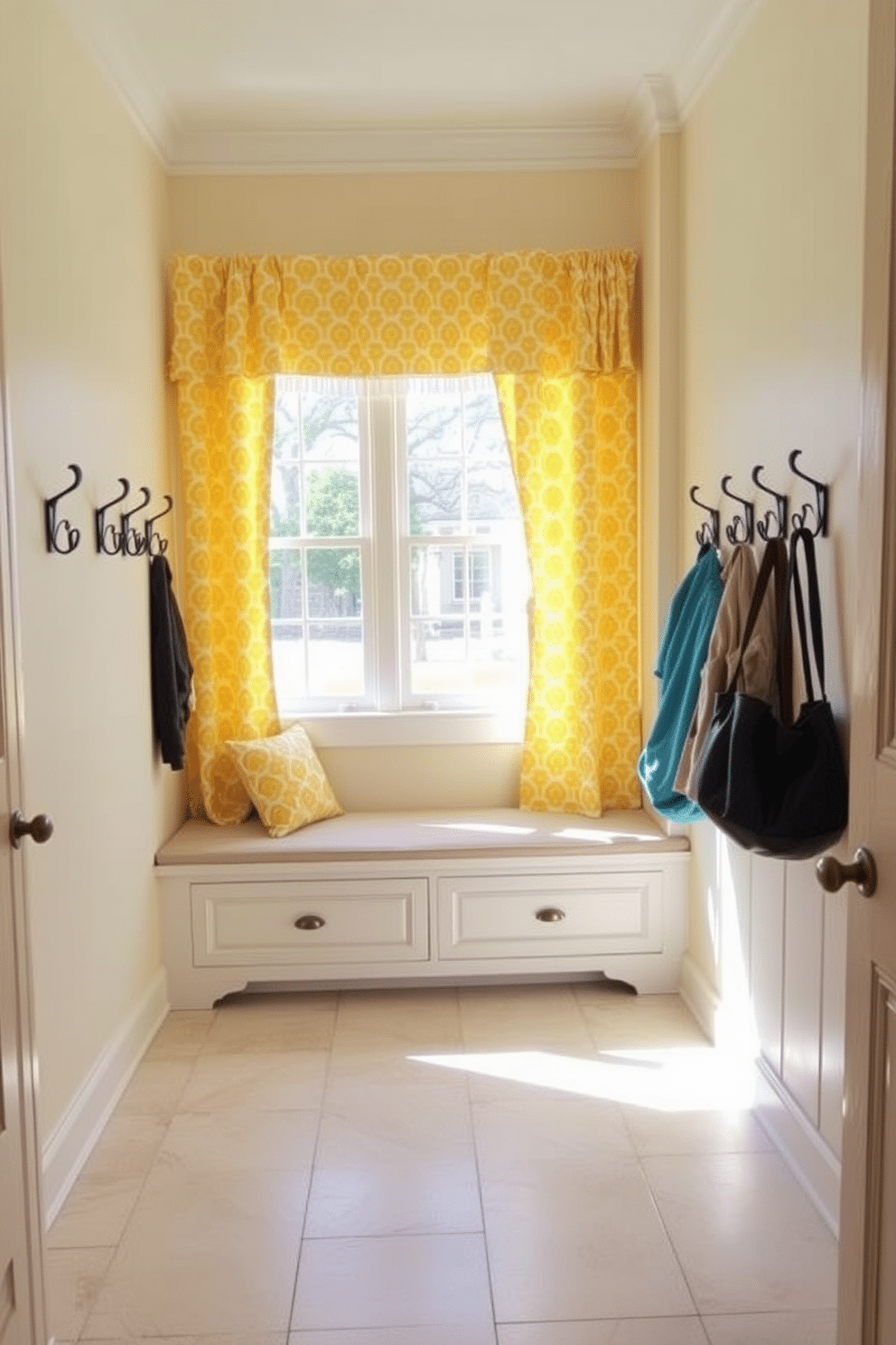 A bright and welcoming mudroom features yellow and white patterned curtains that frame a large window, allowing natural light to flood the space. The walls are painted a soft cream, and the flooring is a durable, light-colored tile that complements the cheerful curtains. In the mudroom, a built-in bench with storage underneath provides a practical seating area for removing shoes. Hooks line the walls for hanging coats and bags, adding functionality while maintaining a stylish aesthetic.