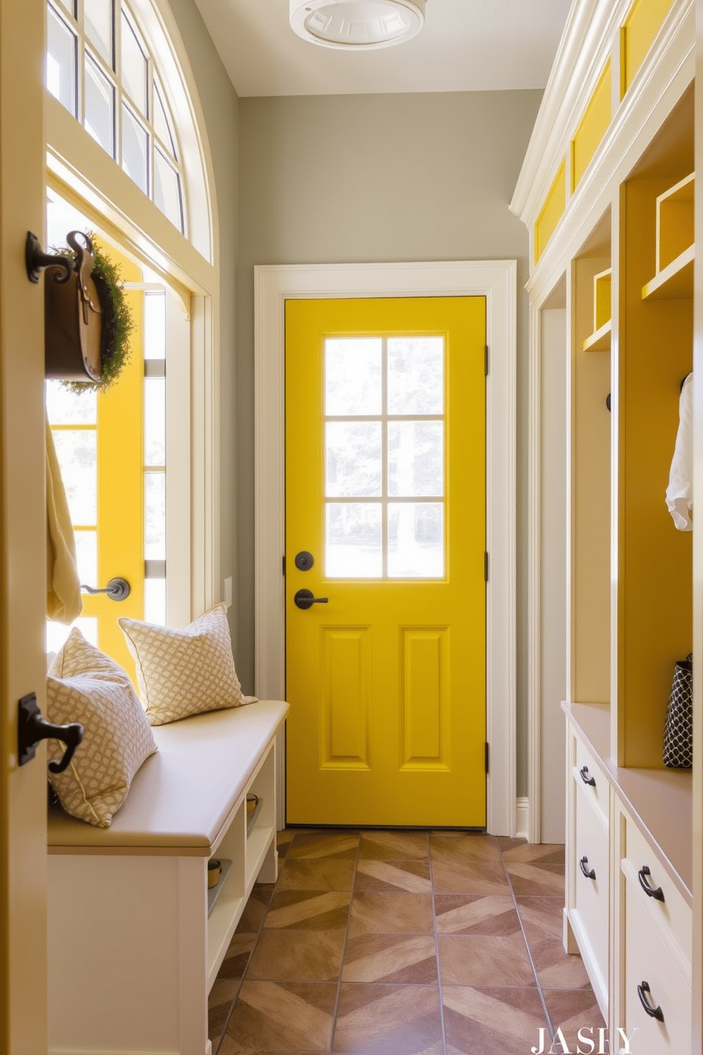 A bright yellow door welcomes guests into a charming entryway filled with natural light. The space features a cozy bench with soft cushions, perfect for putting on shoes, and hooks for hanging coats and bags. Adjacent to the entryway, the mudroom showcases a practical layout with built-in storage solutions. The walls are adorned with cheerful yellow accents, while a durable tile floor adds functionality and style to this inviting space.