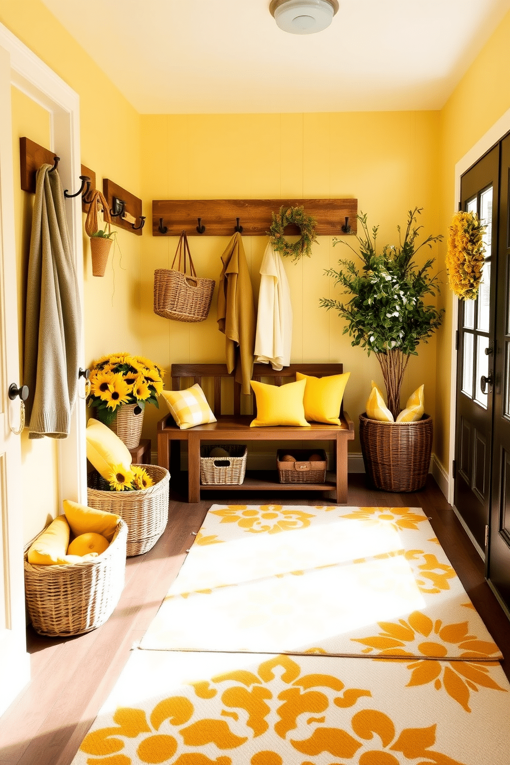 A bright and cheerful mudroom adorned with yellow-themed seasonal decor. The walls are painted a soft butter yellow, complemented by a rustic wooden bench and hooks for hanging jackets and bags. Baskets filled with vibrant sunflowers and decorative pillows in various shades of yellow add warmth to the space. A patterned rug in yellow and white anchors the area, while a large window lets in natural light, enhancing the cheerful atmosphere.