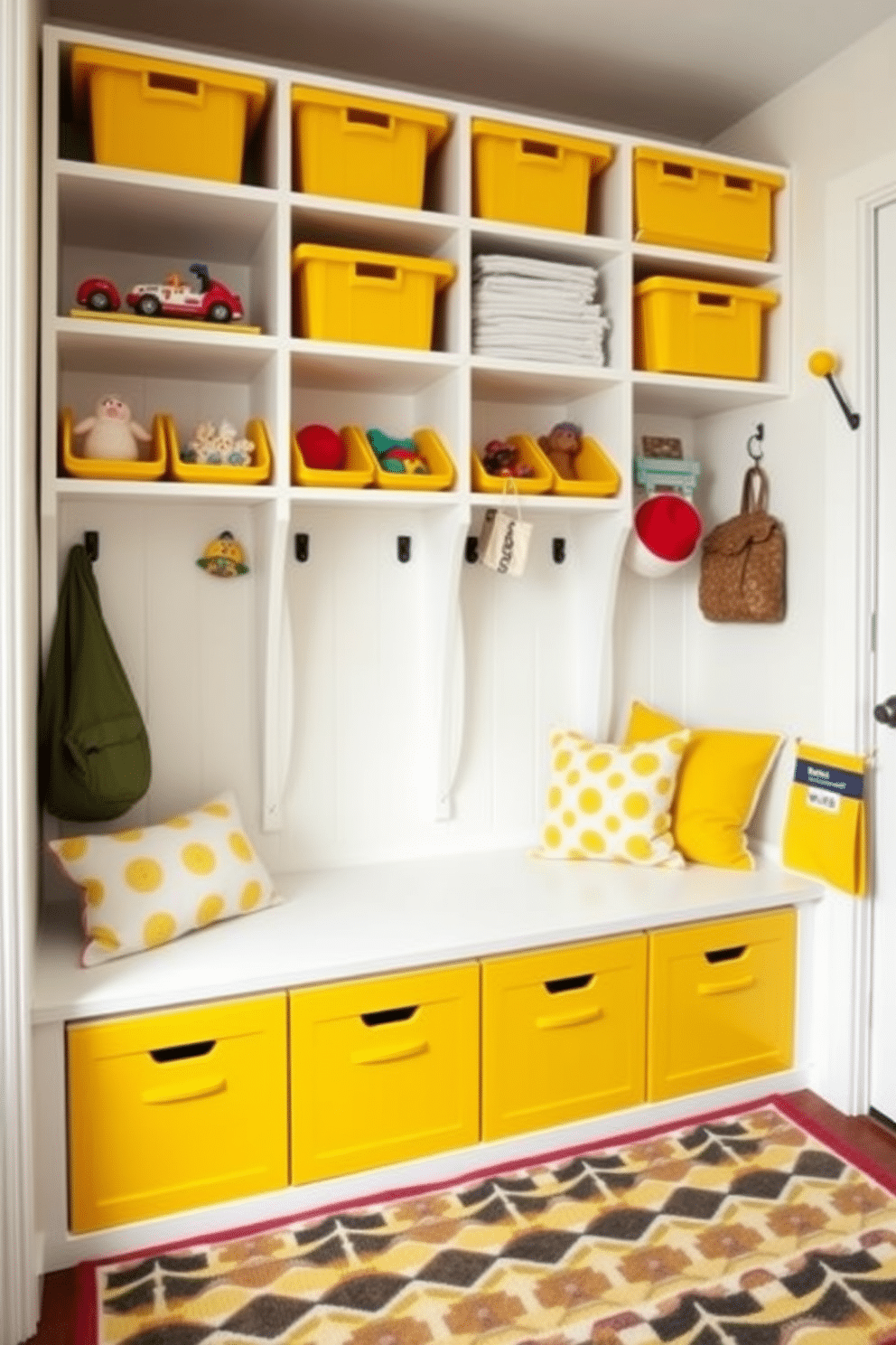 A bright and cheerful mudroom features stylish yellow storage bins neatly arranged on shelves, providing ample space for toys and outdoor gear. The walls are painted a soft white, enhancing the vibrant yellow accents, while a durable, patterned rug adds a touch of warmth and texture to the space. The mudroom includes a built-in bench with cushions in complementary colors, creating a cozy spot for putting on shoes. Hooks line the walls, adorned with colorful accessories, ensuring that everything has its place while maintaining a playful and inviting atmosphere.