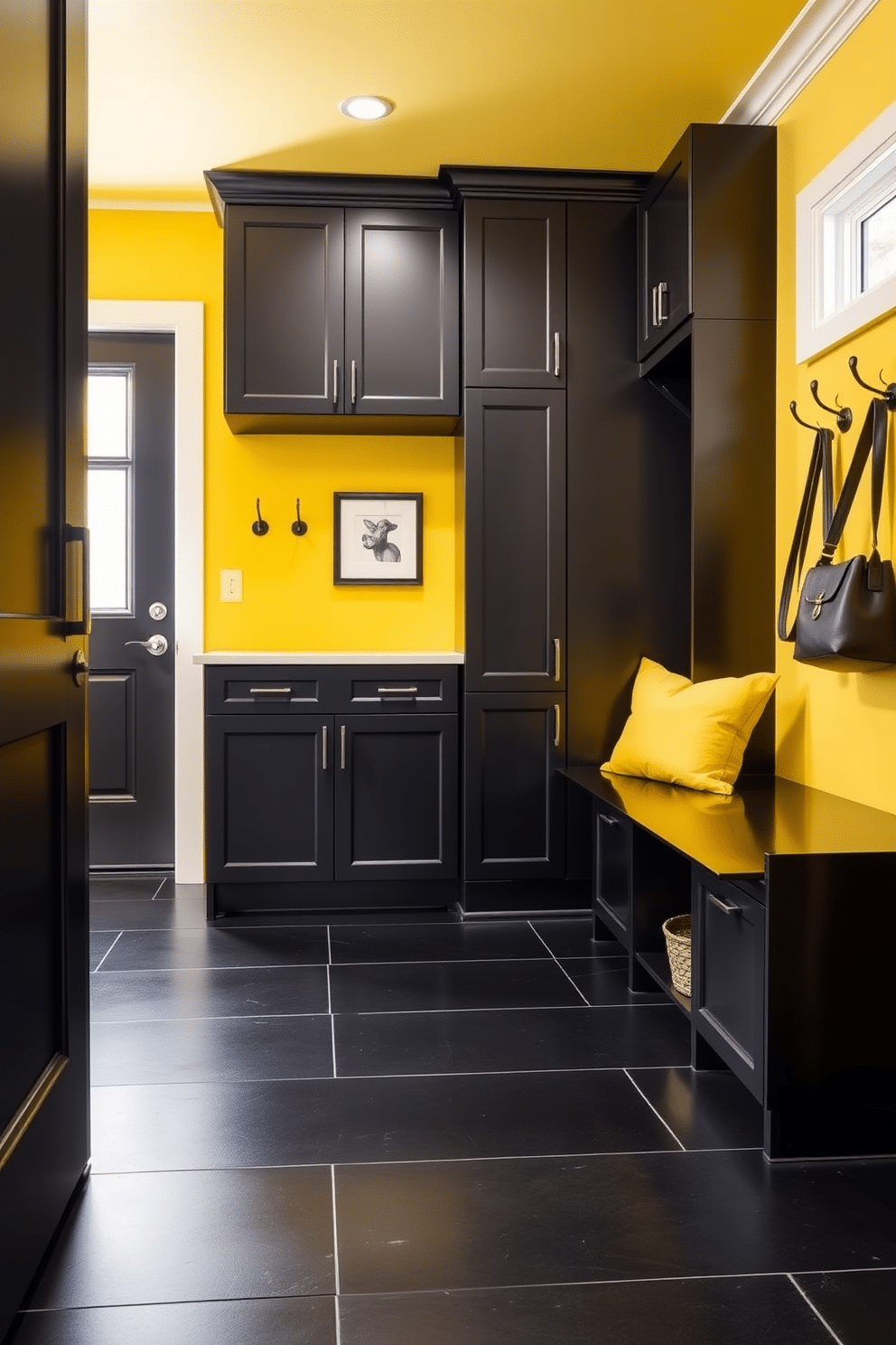 A modern mudroom featuring a striking yellow and black color scheme. The walls are painted a vibrant yellow, while the cabinetry and storage solutions are sleek black, creating a bold contrast. The floor is adorned with large black tiles that provide a contemporary feel. A stylish bench with yellow cushions sits against the wall, complemented by hooks for coats and bags in black metal.