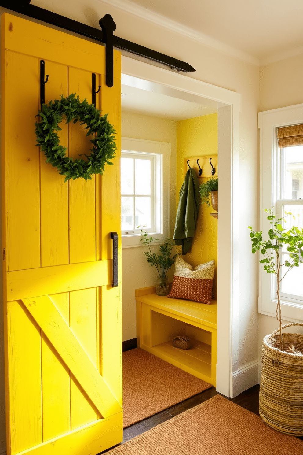 A rustic yellow mudroom features a sliding barn door, crafted from reclaimed wood with a bright yellow finish that adds a cheerful touch. Inside, the space is adorned with built-in benches, coat hooks, and a textured rug, creating a warm and inviting atmosphere. The walls are painted in a soft cream color, complementing the yellow door, while natural light floods in through a nearby window. Potted plants and woven baskets enhance the rustic charm, providing both functionality and style.