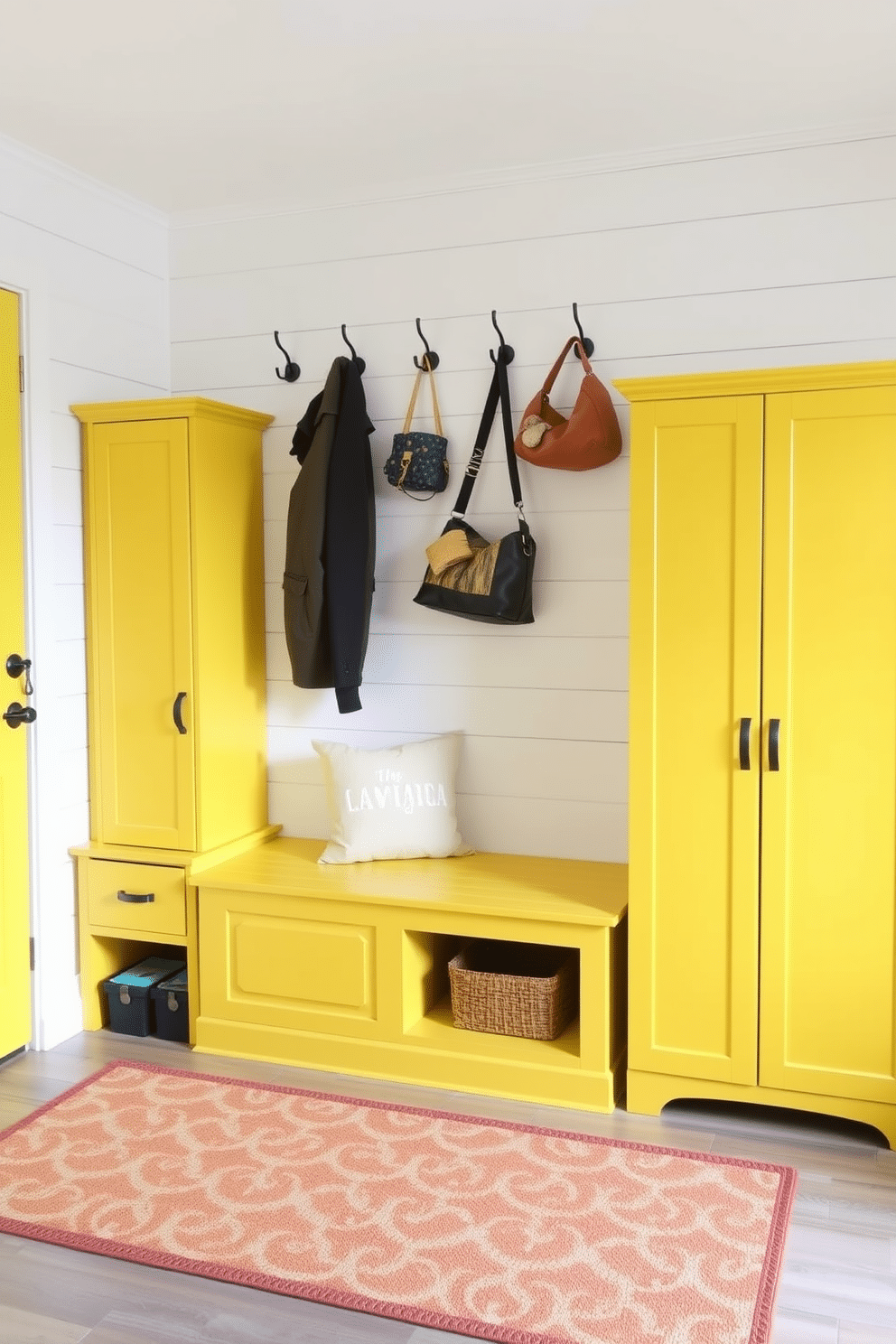 A bright and inviting mudroom featuring yellow-painted furniture creates a cohesive and cheerful atmosphere. The space includes a built-in bench with storage underneath, paired with matching yellow lockers for a playful yet functional design. The walls are adorned with white shiplap, enhancing the brightness of the yellow accents. A durable, patterned rug adds texture and warmth, while hooks for coats and bags are neatly arranged above the bench.