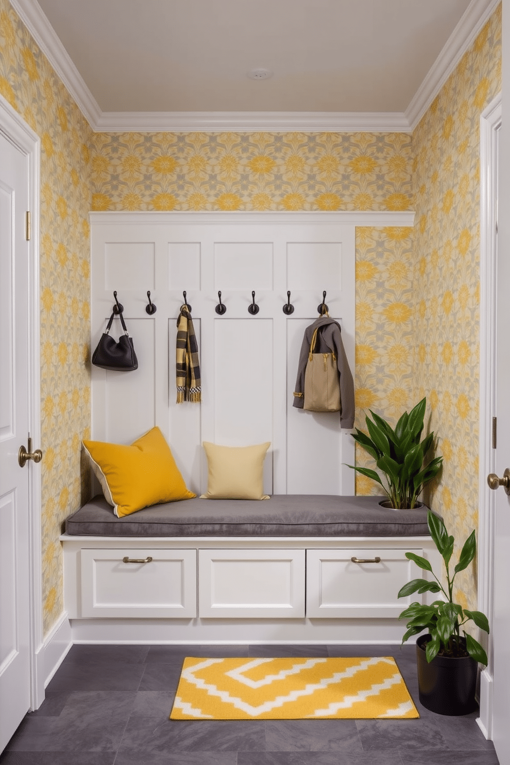 Chic yellow and gray patterned wallpaper adorns the walls of a stylish mudroom, creating a vibrant yet sophisticated atmosphere. The space features a built-in bench with plush gray cushions, complemented by yellow accent pillows, providing comfort and style. A series of hooks line the wall above the bench, perfect for hanging coats and bags, while a patterned area rug adds warmth underfoot. The flooring is a durable gray tile, ensuring practicality for this high-traffic area, and potted plants bring a touch of nature indoors.