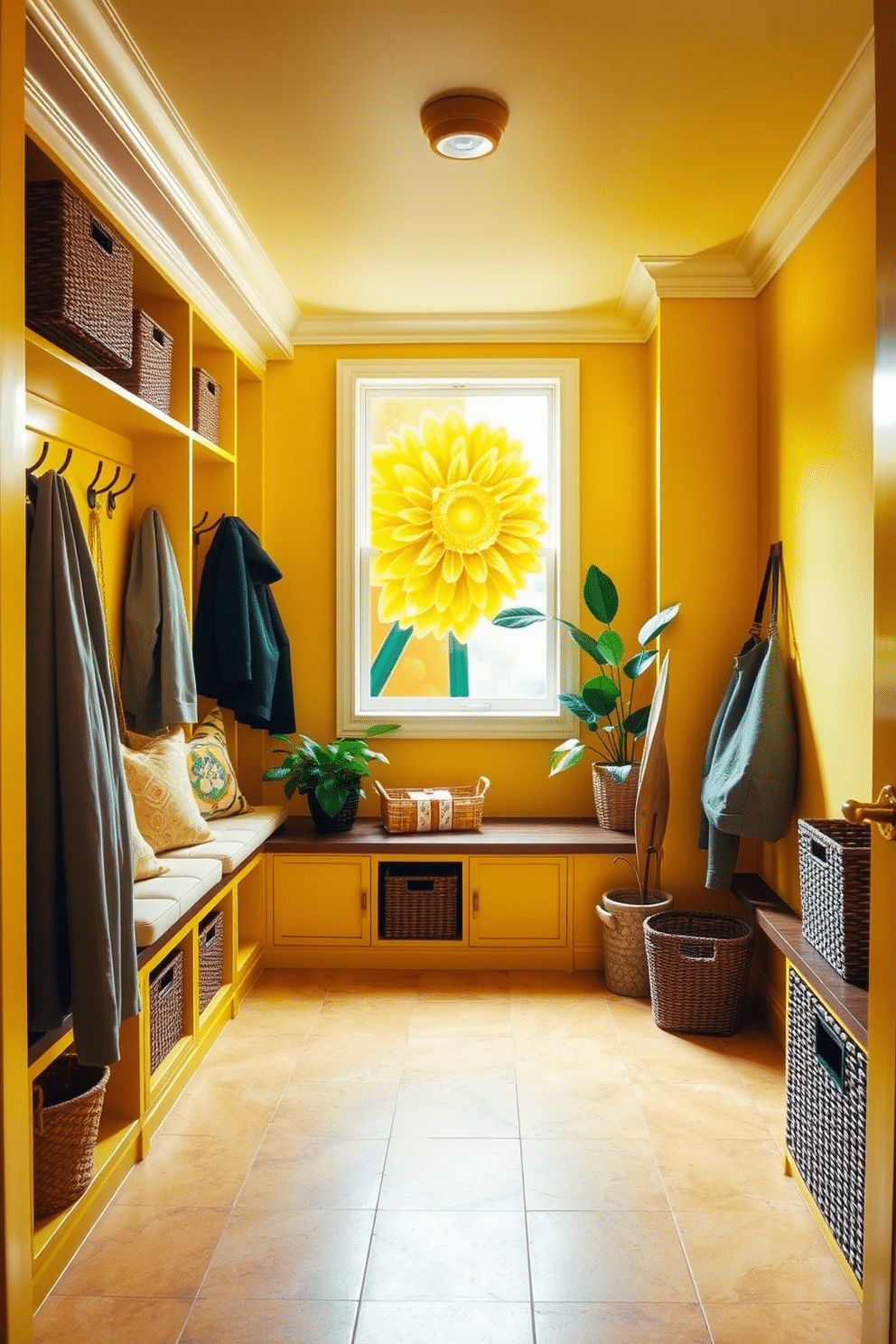 A bright and cheerful mudroom featuring yellow walls that create a warm and inviting atmosphere. The space includes built-in benches with plush cushions, and hooks for hanging coats, accented by vibrant yellow artwork that serves as a stunning focal point. The flooring is a durable, patterned tile that complements the yellow tones, while natural light floods in through a large window. Potted plants and decorative storage baskets add a touch of greenery and organization, enhancing the overall vibrant aesthetic of the mudroom.