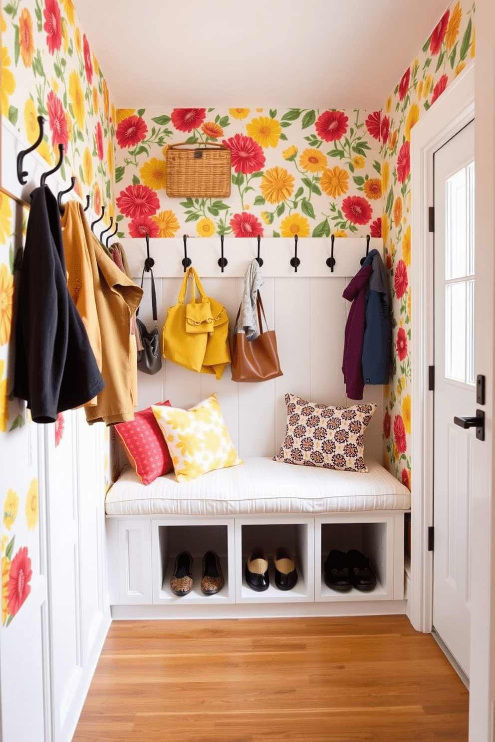 A bright and inviting mudroom adorned with sunny wallpaper featuring vibrant floral patterns. The space includes a built-in bench with plush cushions, surrounded by hooks for hanging jackets and bags, creating a cheerful and functional entryway.