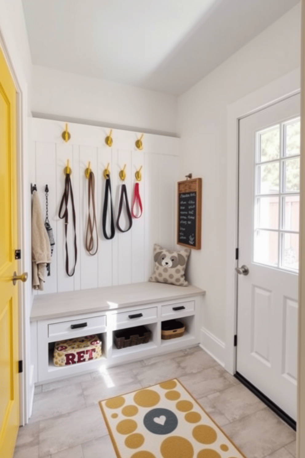 A functional mudroom features bright yellow hooks mounted on a crisp white wall, providing an organized space for dog leashes and accessories. The floor is covered in durable, easy-to-clean tiles, while a built-in bench with storage underneath offers a convenient spot for pet owners to sit while preparing for walks. Incorporated into the design are playful accents, such as a patterned rug and a chalkboard for notes, enhancing the cheerful atmosphere. Natural light floods the space through a nearby window, creating an inviting environment for both pets and their owners.