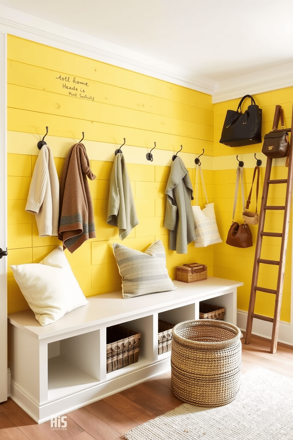 A charming mudroom featuring yellow shiplap walls that exude rustic appeal. The space includes a built-in bench with storage underneath, adorned with cozy cushions in neutral tones. To the right, there are hooks for coats and a vintage ladder for hanging bags, all set against the bright backdrop. A woven basket sits on the floor, adding texture and practicality to this inviting entryway.