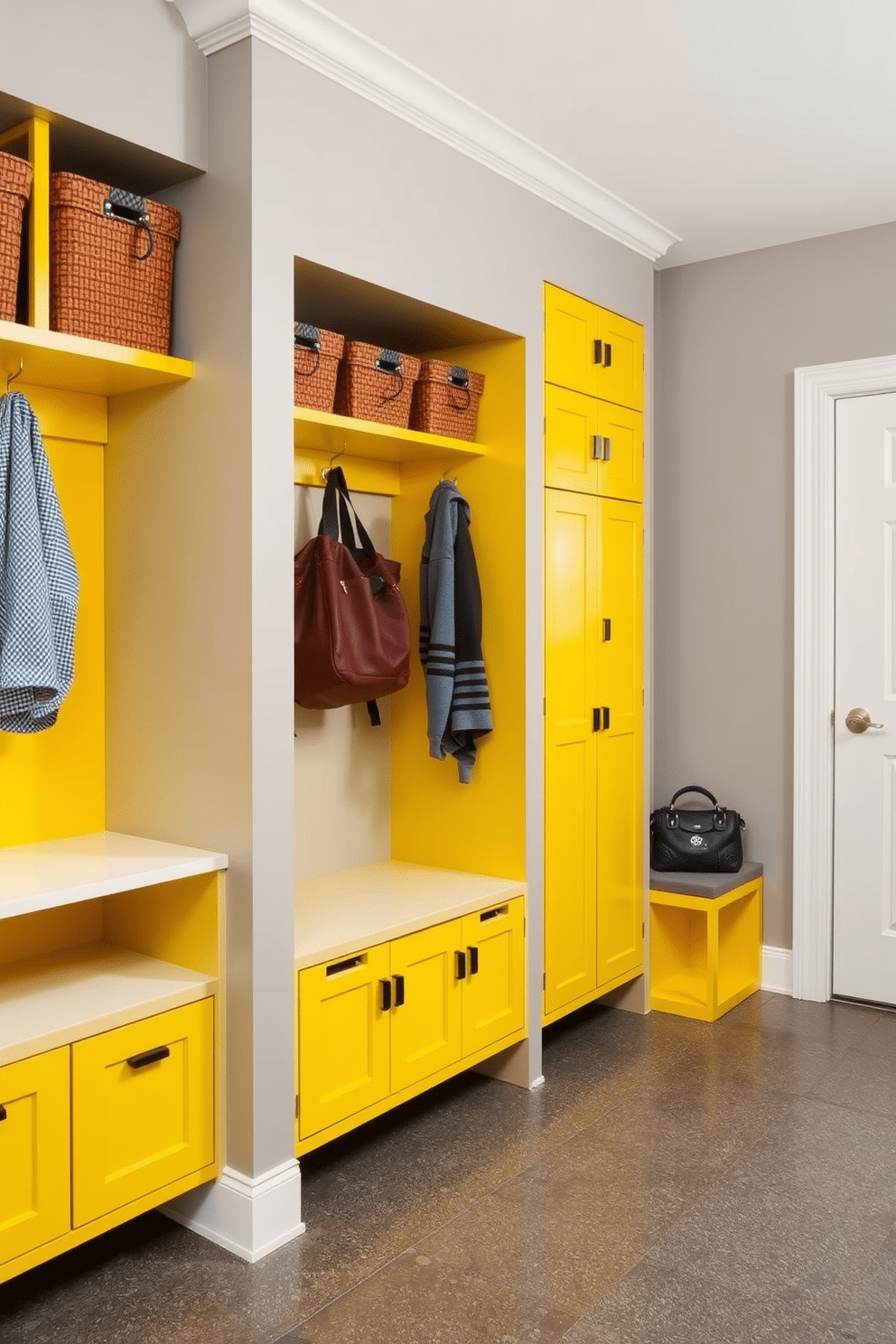 A vibrant mudroom featuring bold yellow storage lockers that provide ample organization space. The walls are painted in a soft gray to complement the bright lockers, and a durable, textured flooring adds both style and functionality.