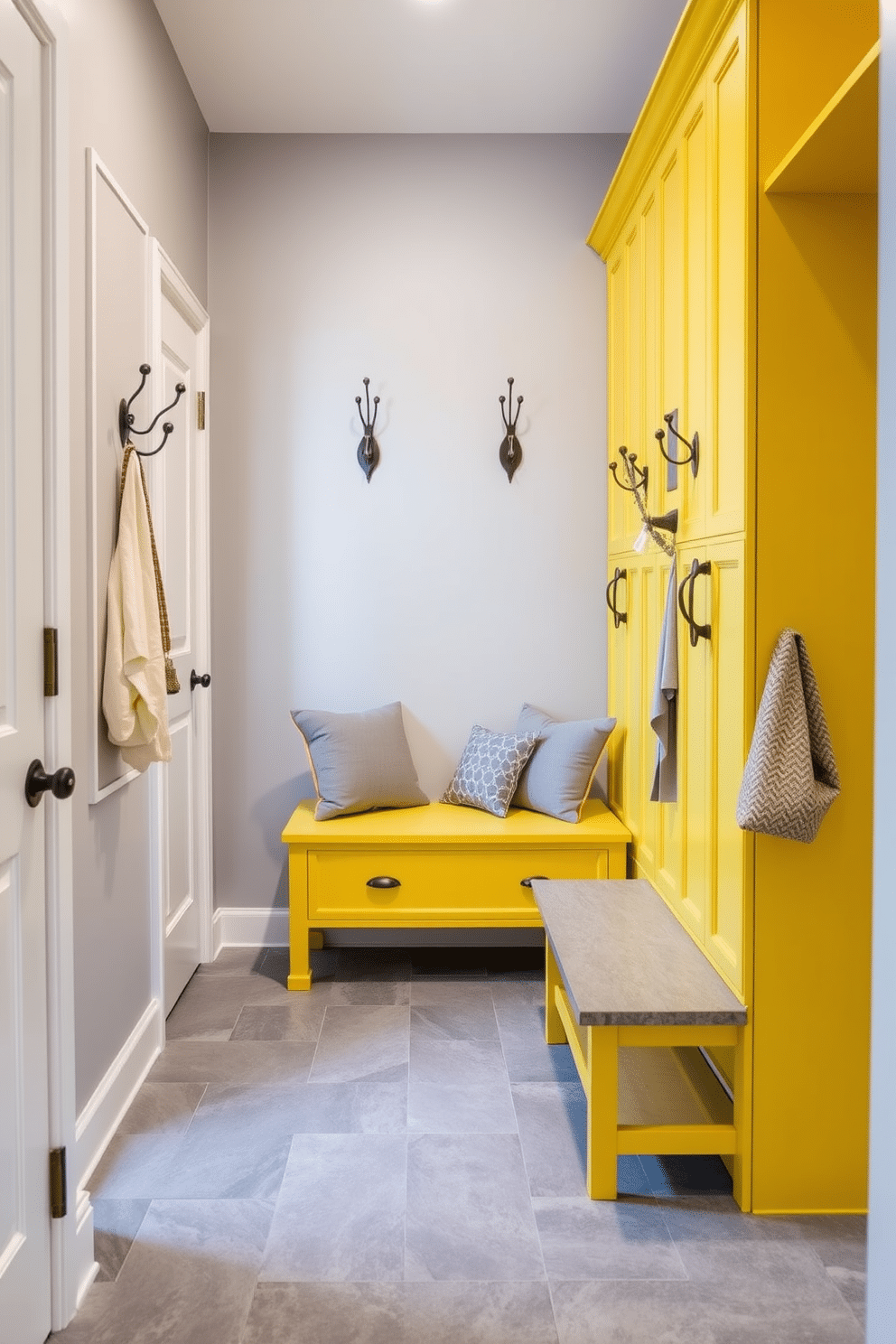 A bright and welcoming mudroom features a combination of yellow and gray accents throughout the space. The walls are painted a soft gray, while yellow cabinetry provides a cheerful contrast, creating a functional and stylish area for entering the home. The flooring consists of durable gray tiles with a subtle texture, perfect for withstanding daily wear. Complementing the design, a yellow bench with gray cushions offers a comfortable spot to sit while removing shoes, and decorative hooks in matching colors line the walls for hanging coats and bags.