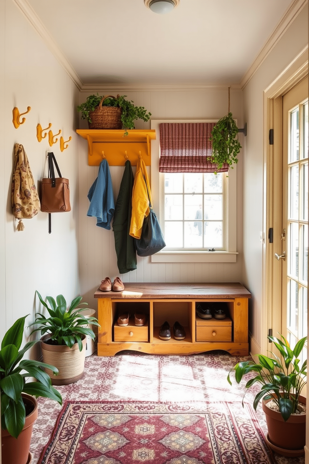 A charming mudroom featuring vintage yellow hooks for coats and bags, creating a warm and inviting atmosphere. The walls are painted in a soft cream color, complemented by a rustic wooden bench with storage underneath, perfect for shoes and outdoor gear. Natural light floods the space through a large window, illuminating the patterned tile floor that adds character. Potted plants in the corners enhance the vibrant feel, while a stylish rug adds comfort and style to the entrance.