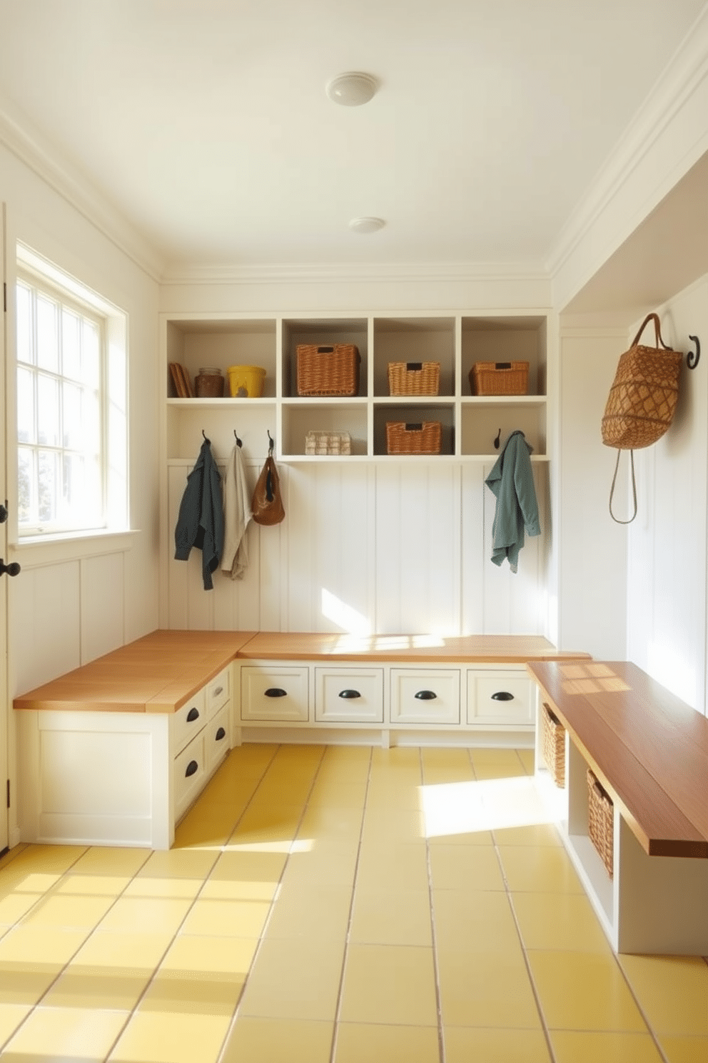 A bright and inviting mudroom features light yellow tile flooring that radiates warmth and cheer. The space is designed with built-in wooden benches and hooks for coats, complemented by natural light streaming through a large window. The walls are painted in a soft white to enhance the airy feel of the room. Decorative baskets are neatly arranged on the shelves, providing both storage and a touch of style.