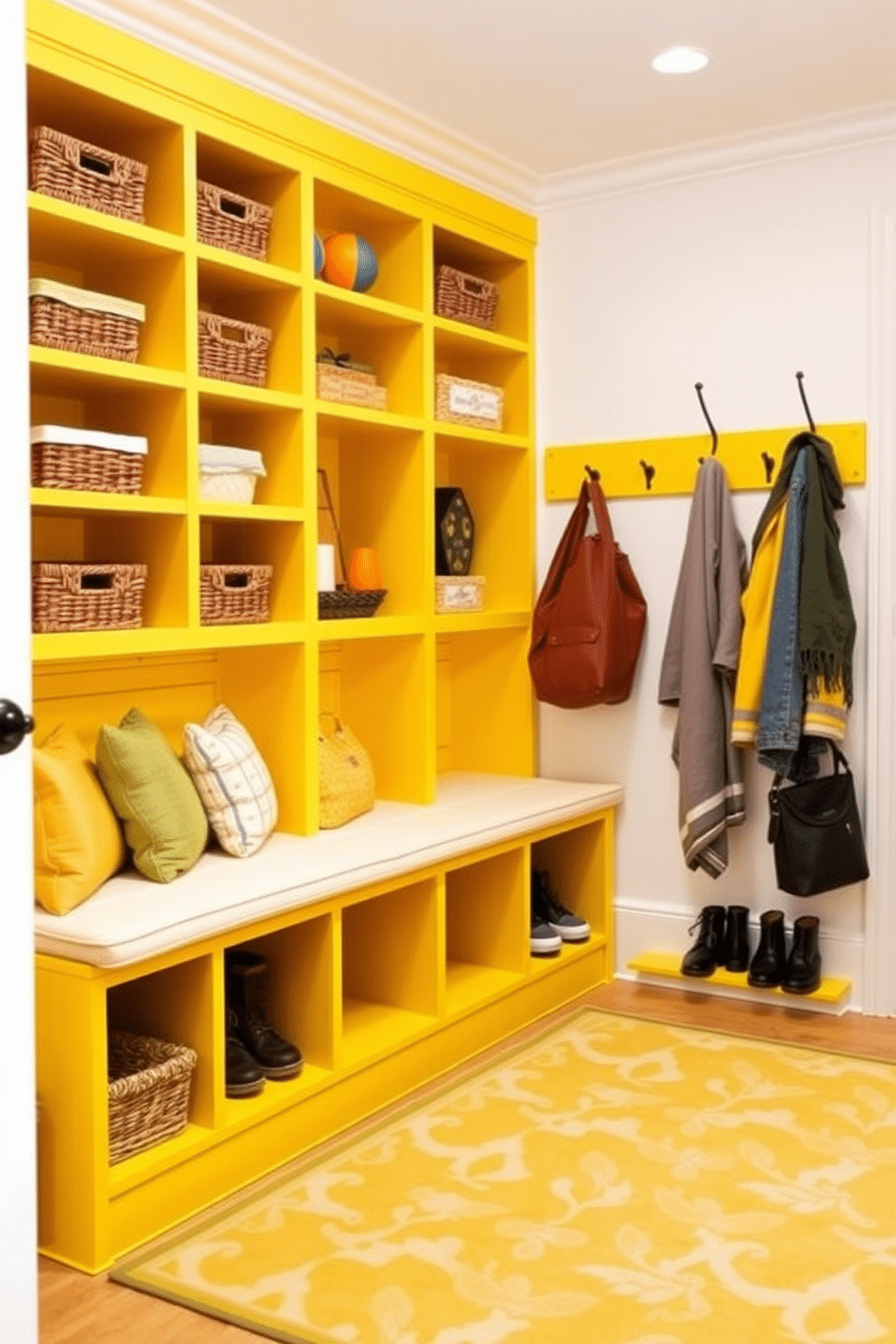 A bright and inviting mudroom features open shelving painted in cheerful yellow tones, providing a vibrant contrast against the soft white walls. The shelves are filled with neatly arranged baskets and colorful accessories, creating a functional and aesthetically pleasing space. The mudroom includes a built-in bench with plush cushions, perfect for putting on shoes. A patterned rug adds texture underfoot, while hooks above the bench hold coats and bags, enhancing the room's practicality and charm.